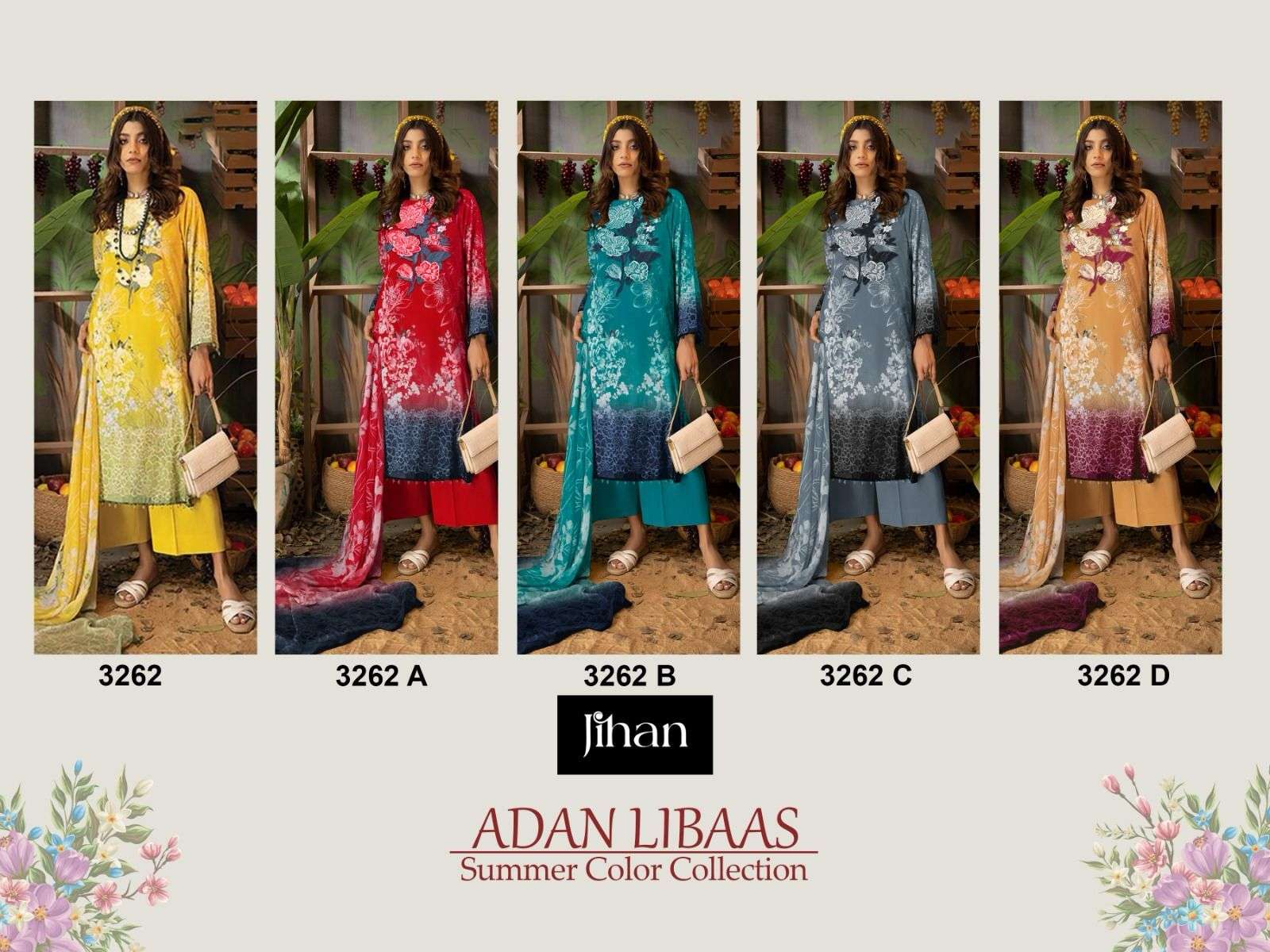 jihan adan libas summer colour collections 3262 colours latest designer pakistani salwar kameez wholesaler surat gujarat