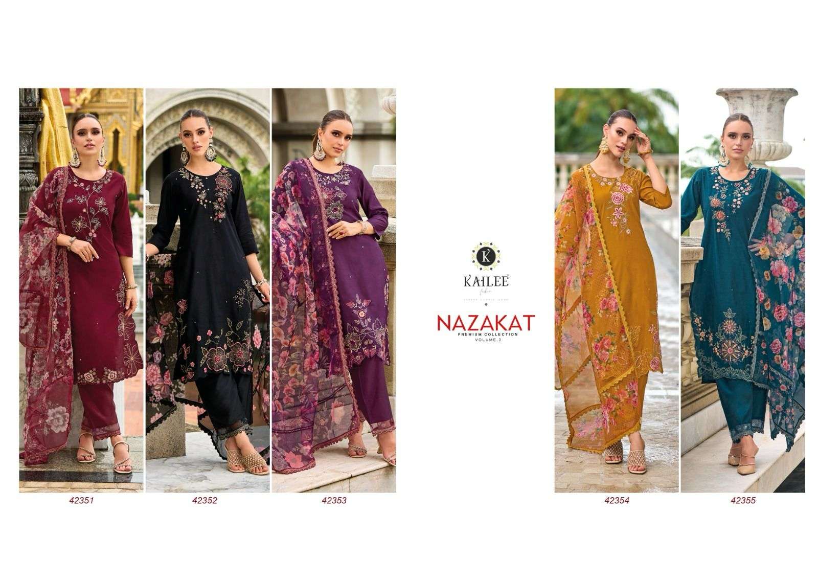 kailee fashion nazakat vol-3 cat 42351-42355 series latest kurti set wholesaler surat gujarat