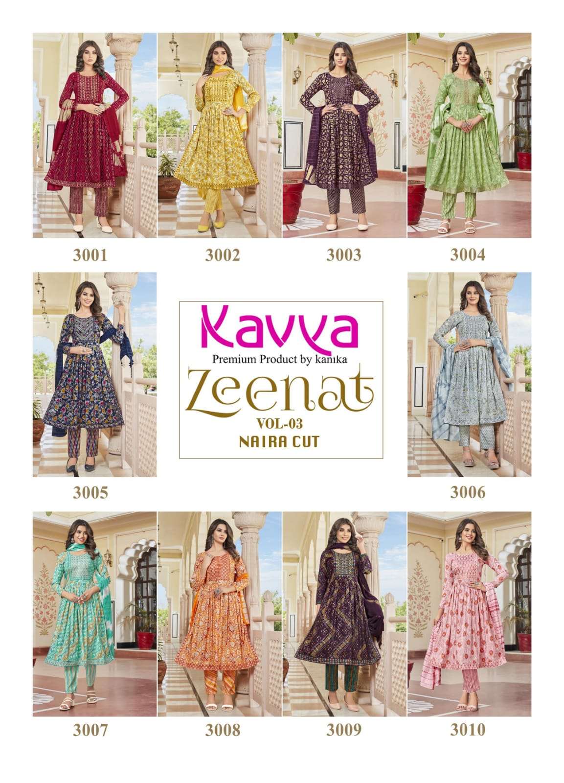 kavya zeenat vol-3 3001-3010 series latest designer nayra cut kurti set wholesaler surat gujarat