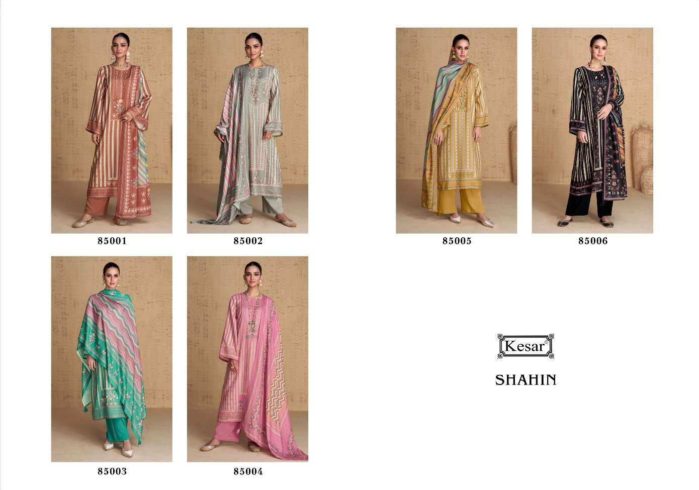 kesar shahin 85001-85006 series latest printed pashmina designer salwar kameez wholesaler surat gujarat