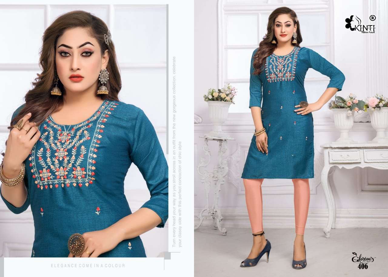 kinti fahion glorious vol-4 401-408 series latest designer casual wear kurti wholesaler surat gujarat