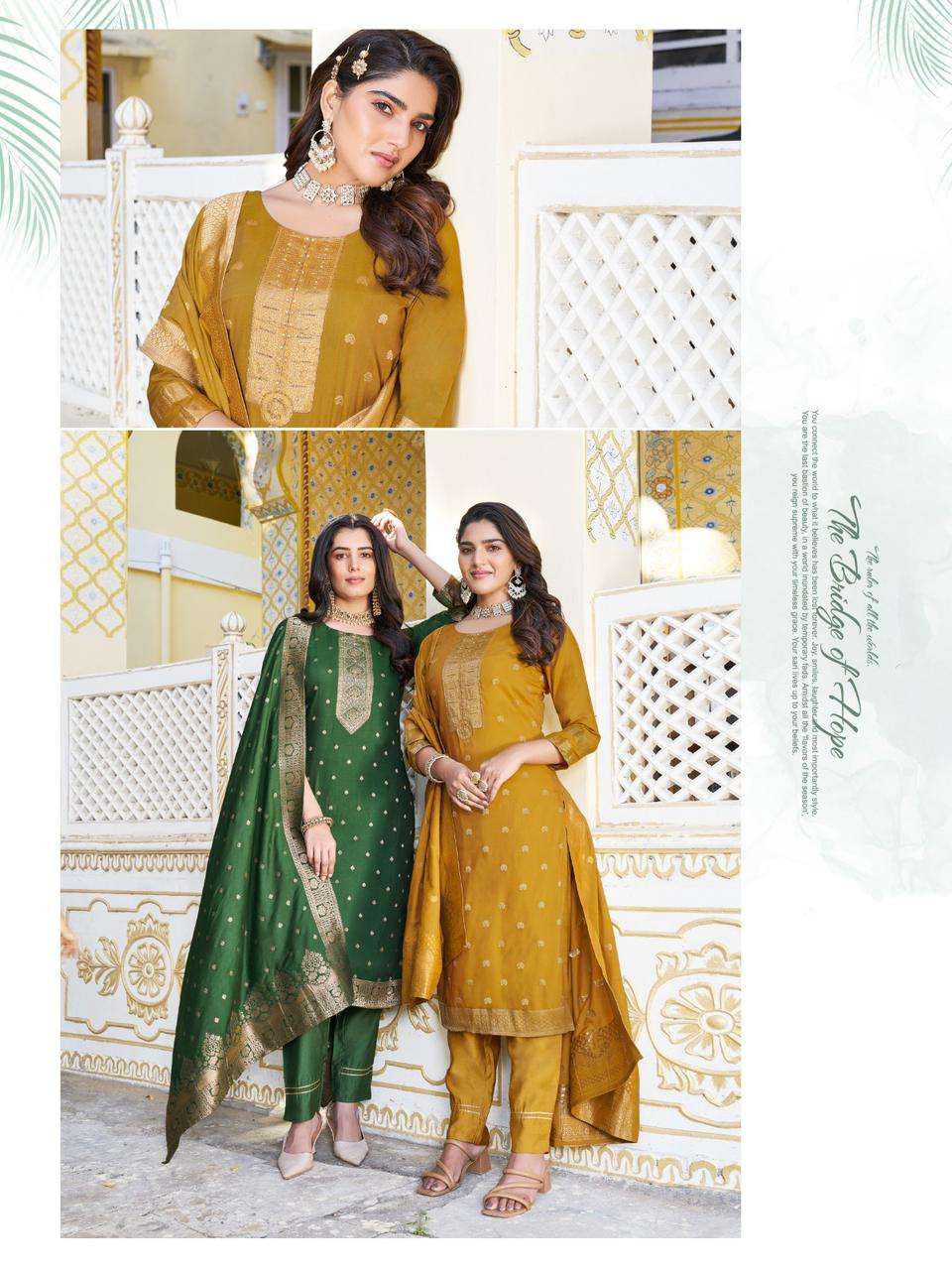 ladies flavour blossom 1001-1004 series chanderi dolla jaquard designer ready made salwar kameez wholesale dealer surat 