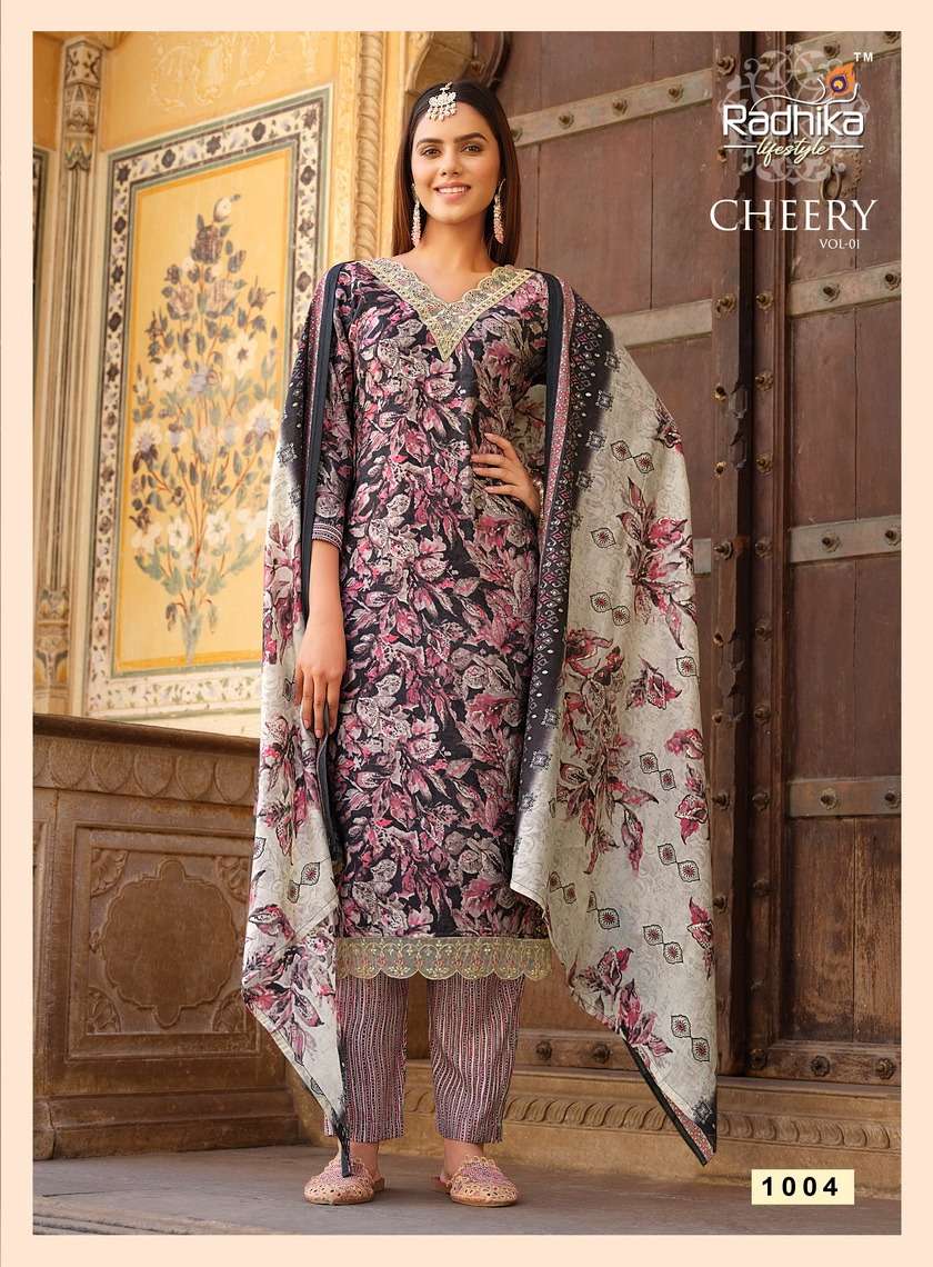 radhika lifestyle cherry vol-1 1001-1005 series fancy kurtis with pant dupatta collection wholesale price 