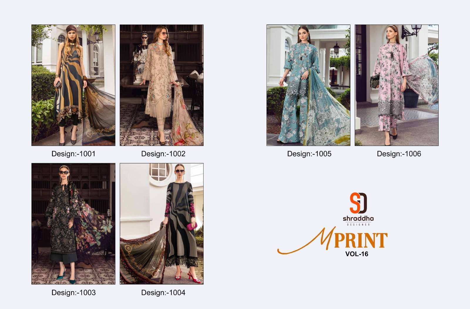shraddha designer m prints vol-16 1001-1006 series latest pakistani salwar kameez wholesaler surat gujarat