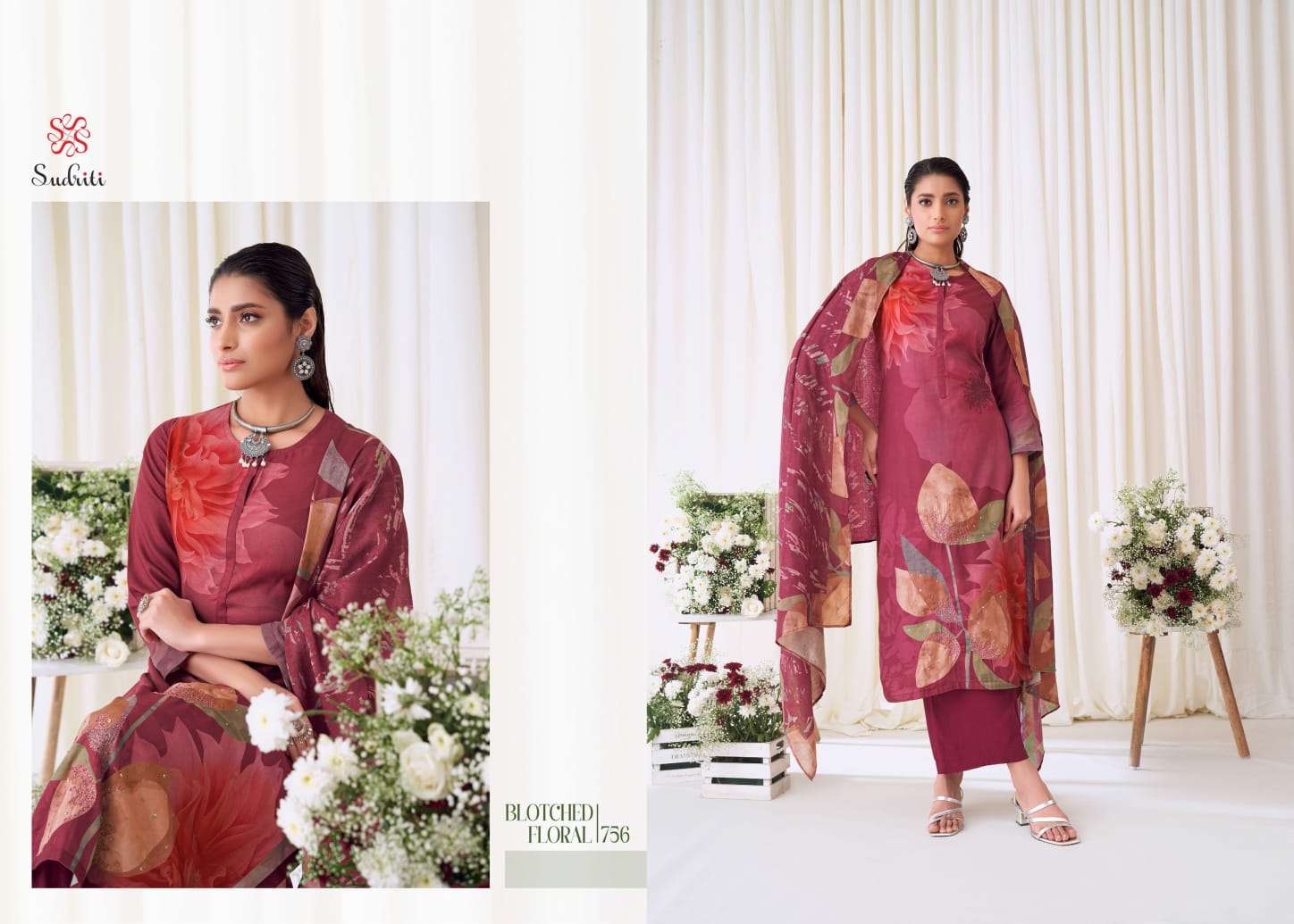 sudriti blotched floral designer pashmina twill digital printed salwar kameez wholesale dealer surat 