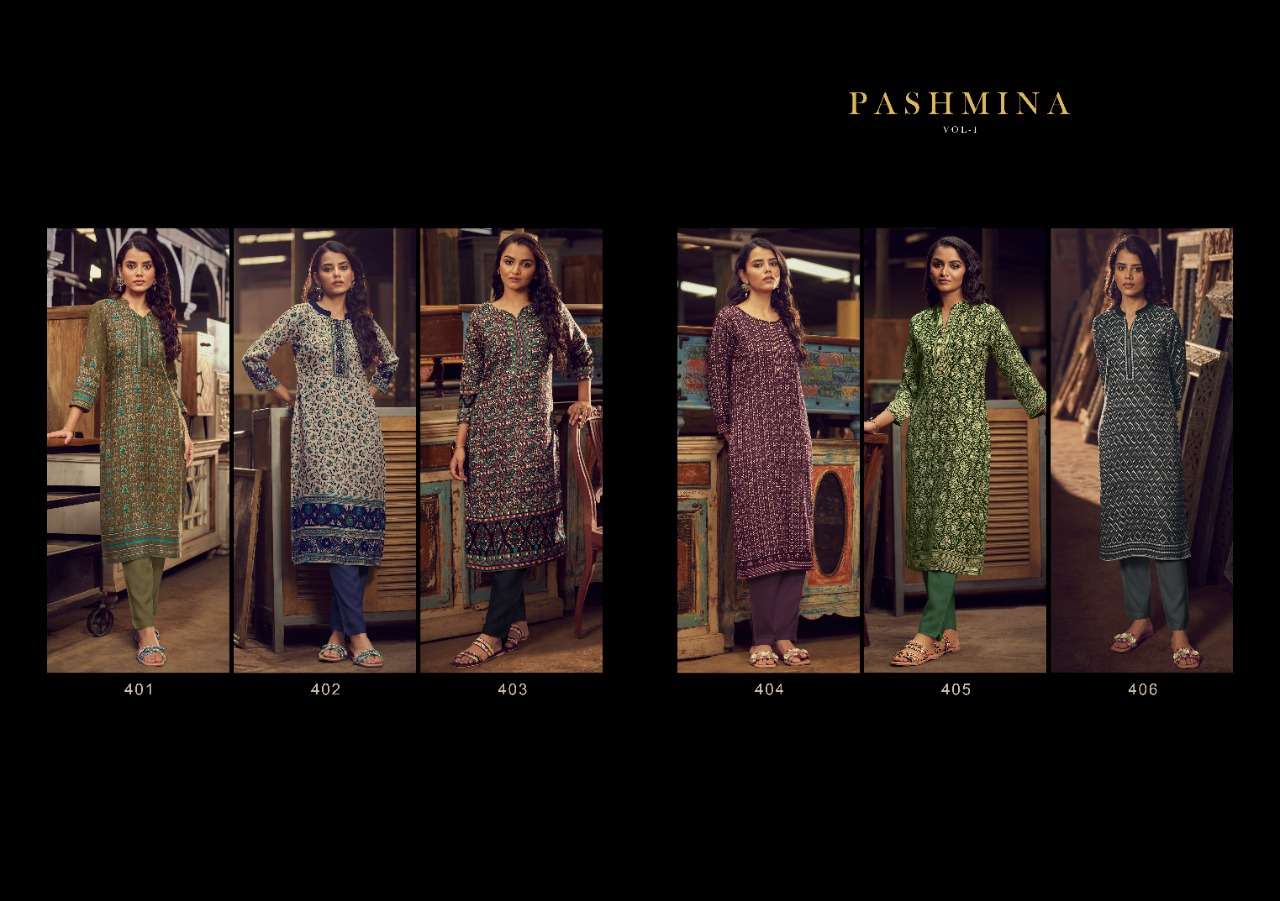 topdot pashmina vol-1 401-406 series latest fancy designer kurti set wholesaler surat gujarat