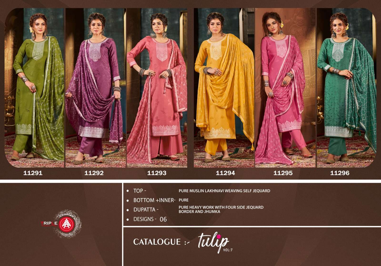triple aaa tulip 11291-11296 series latest designer salwar kameez wholesaler surat gujarat