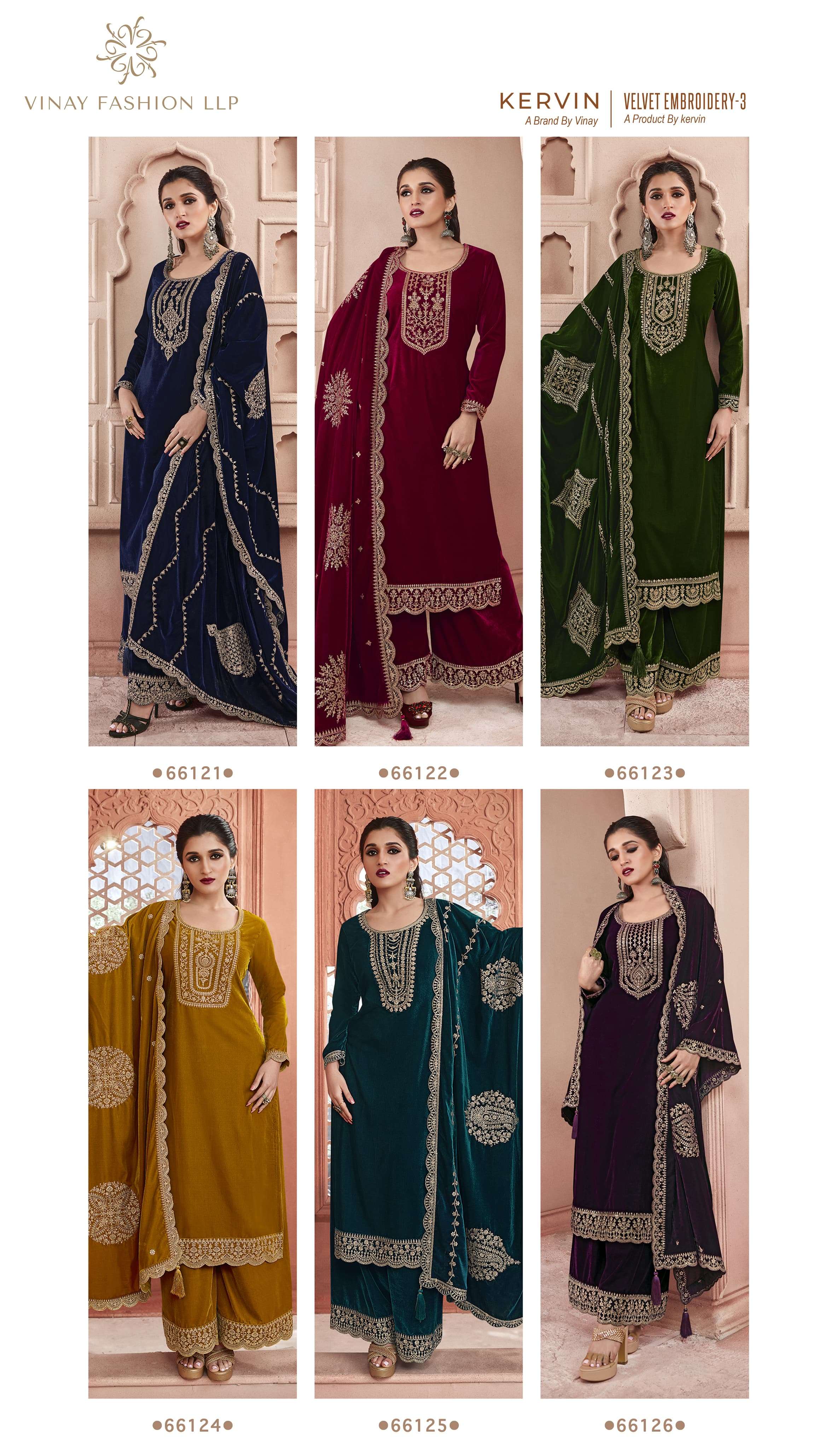 vinay fashion kervin velvet embroidred vol 3 66121-66126 series designer unstich salwar kameez catalogue online best rate 