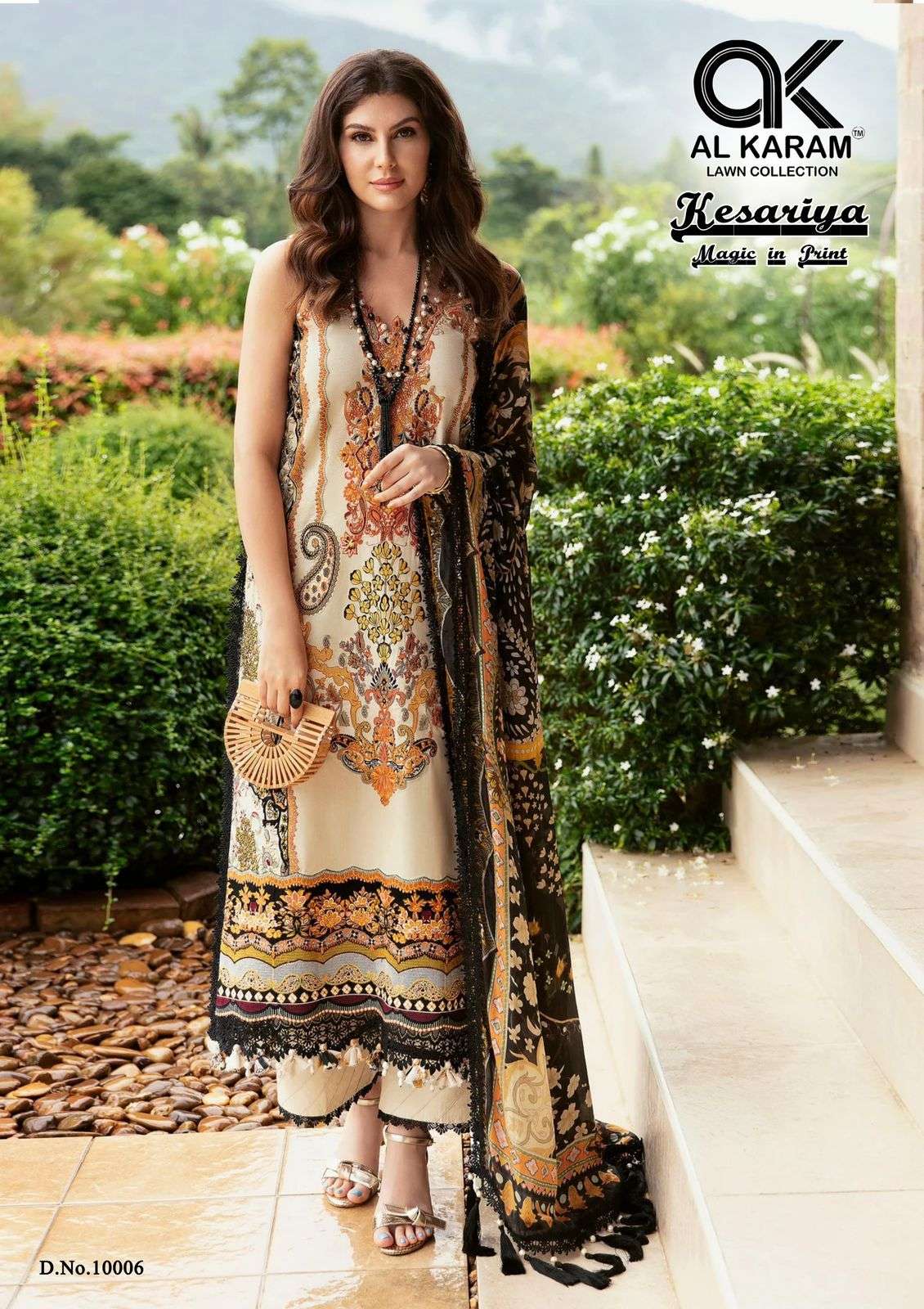 al karam vol-10 kesariya 10001-10006 series designer fancy latest partywear pakistani suit wholesaler surat gujarat