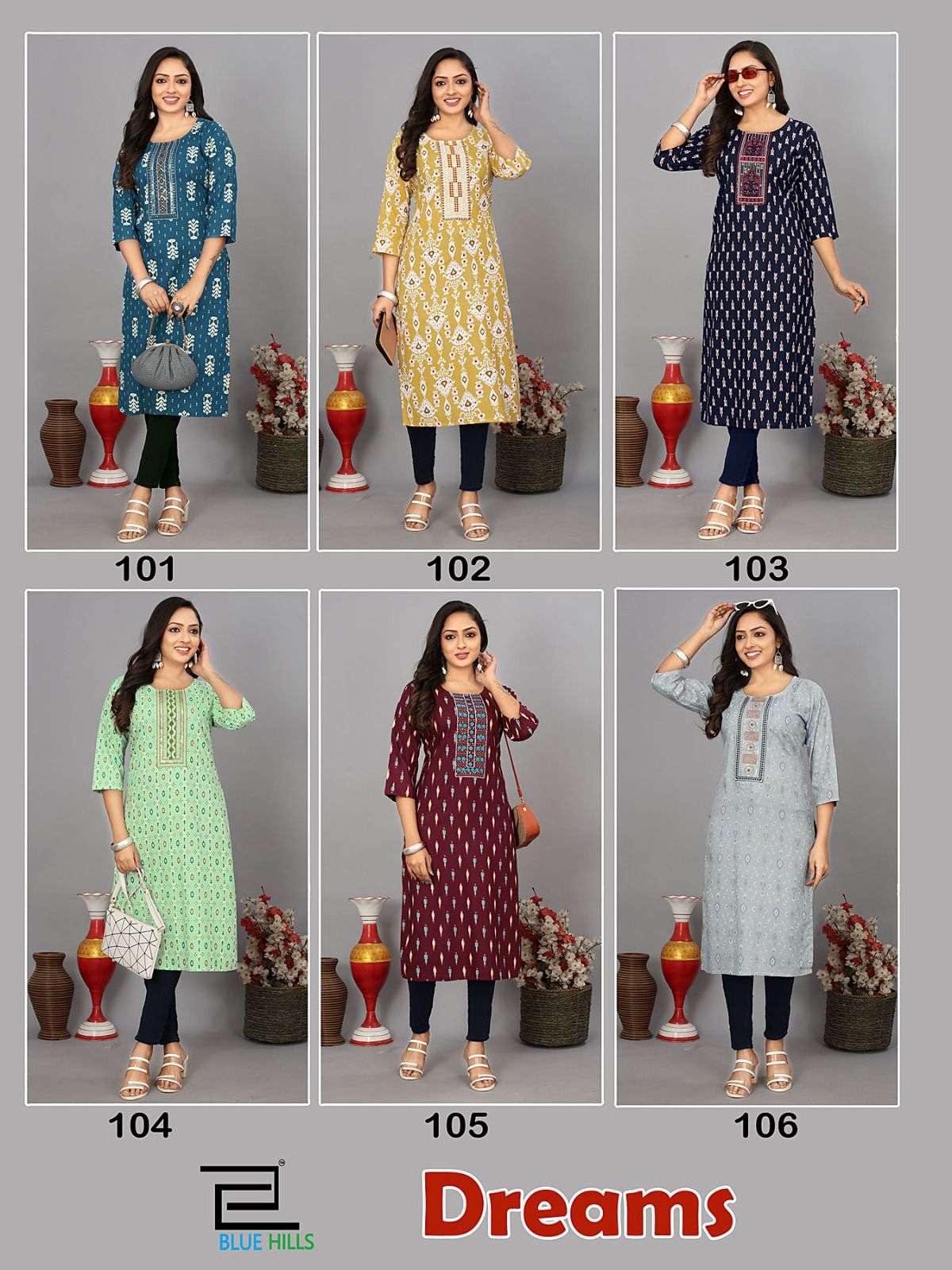 bluehills dreams 101-106 series latest designer gown kurti wholesaler surat gujarat