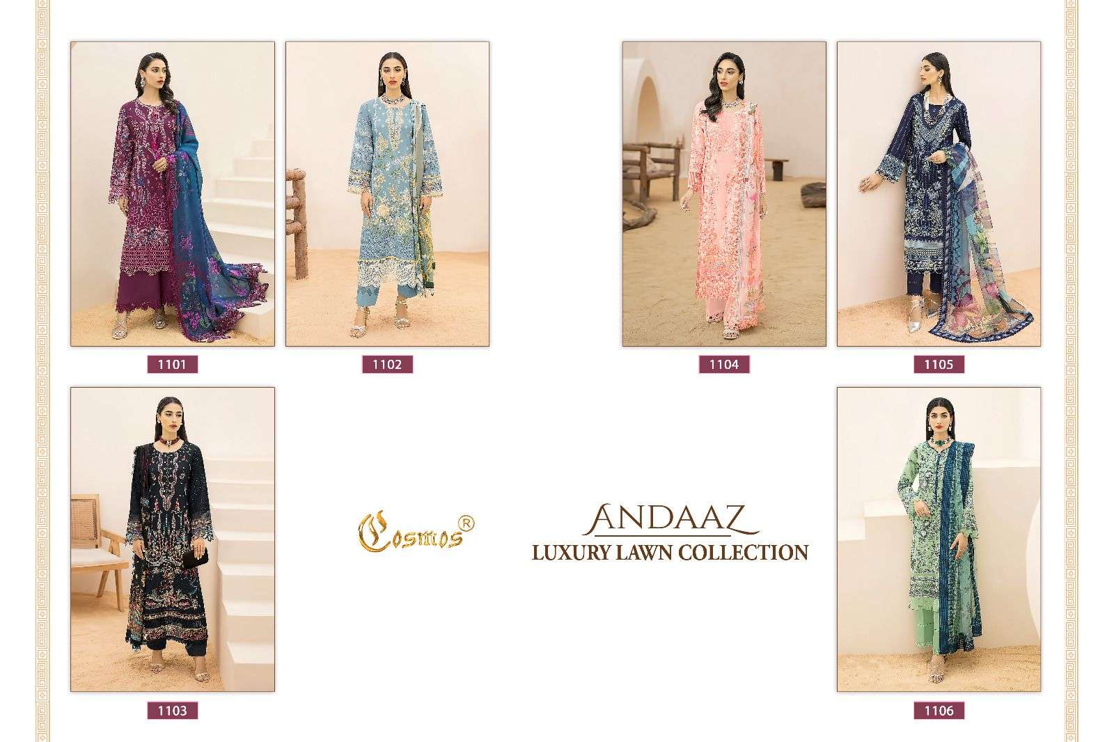 cosmos andaaz luxury lawn 1101-1106 series designer fancy pakistani salwar kameez wholesaler surat gujarat