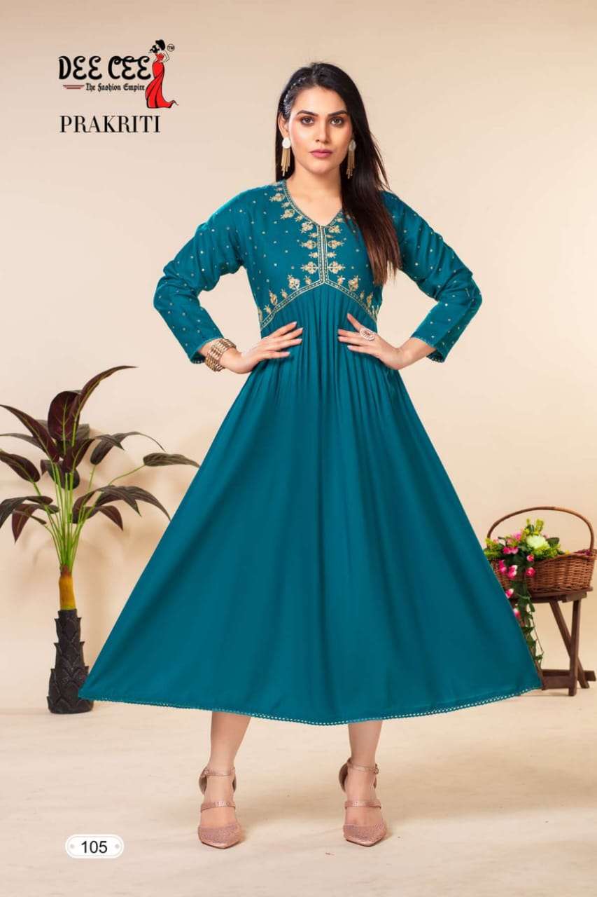 deecee prakriti 101-106 series latest designer partywear kurti wholesaler surat gujarat