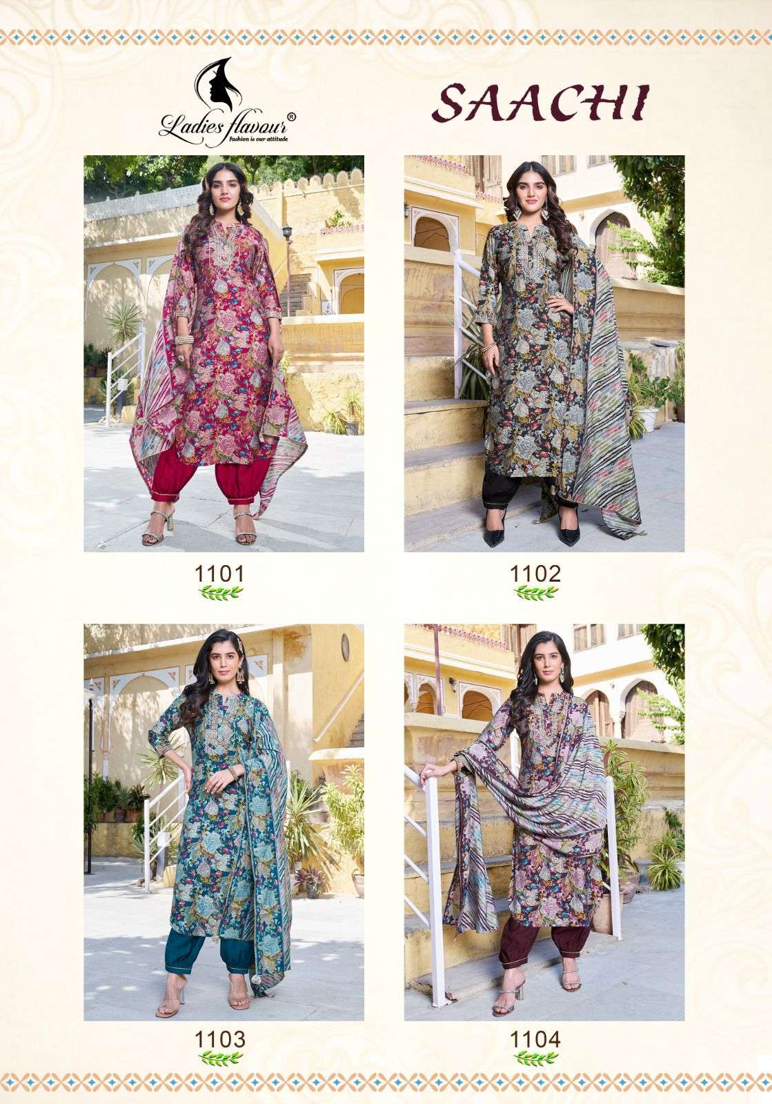 ladies flavour saachi 1101-1104 series latest designer kurti set wholesaler surat gujarat