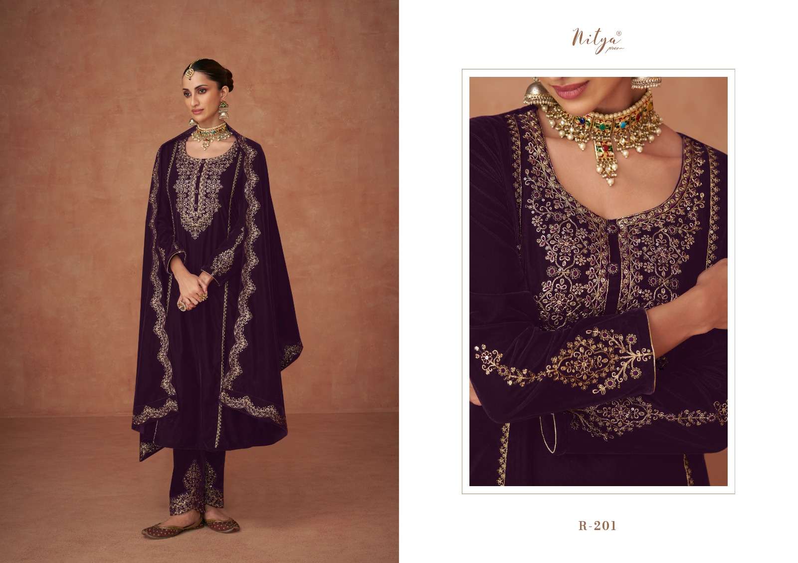 lt nitya ruhaniyat vol 2 201-206 series exclusive party wear velvet embroidred suits collection wholesale price 
