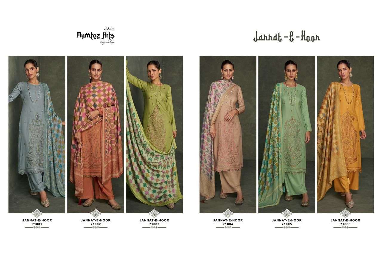 mumtaz arts jannat e hoor 71001-71006 series pure pashmina fancy dress material collection surat