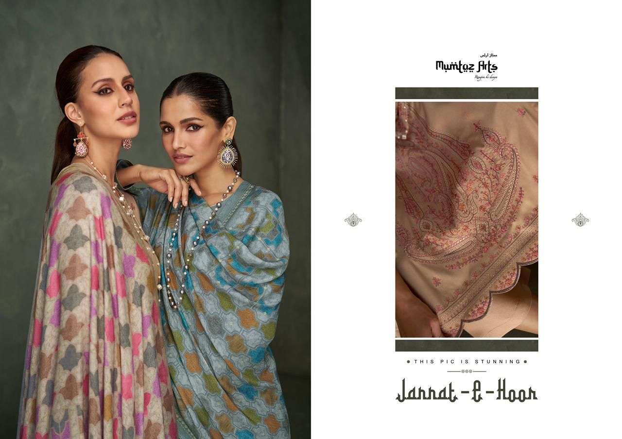 mumtaz arts jannat e hoor 71001-71006 series pure pashmina fancy dress material collection surat