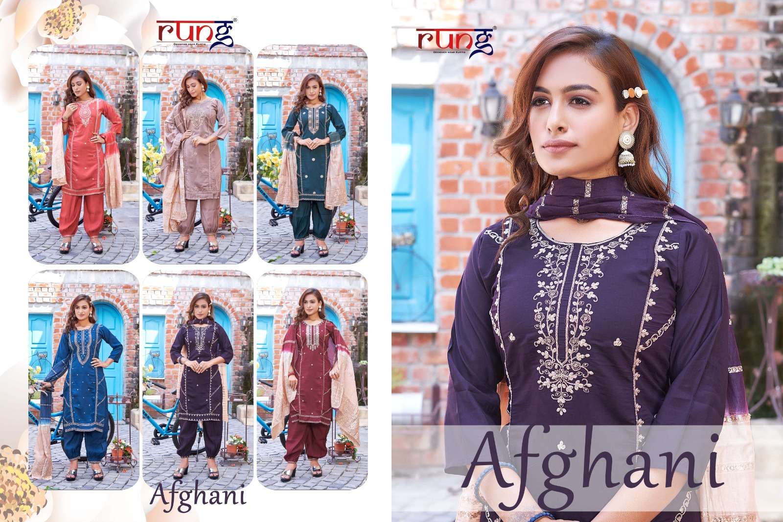rung afghani 1001-1006 series designer straight kurti with afghani pant and stylish dupatta wholesale price surat