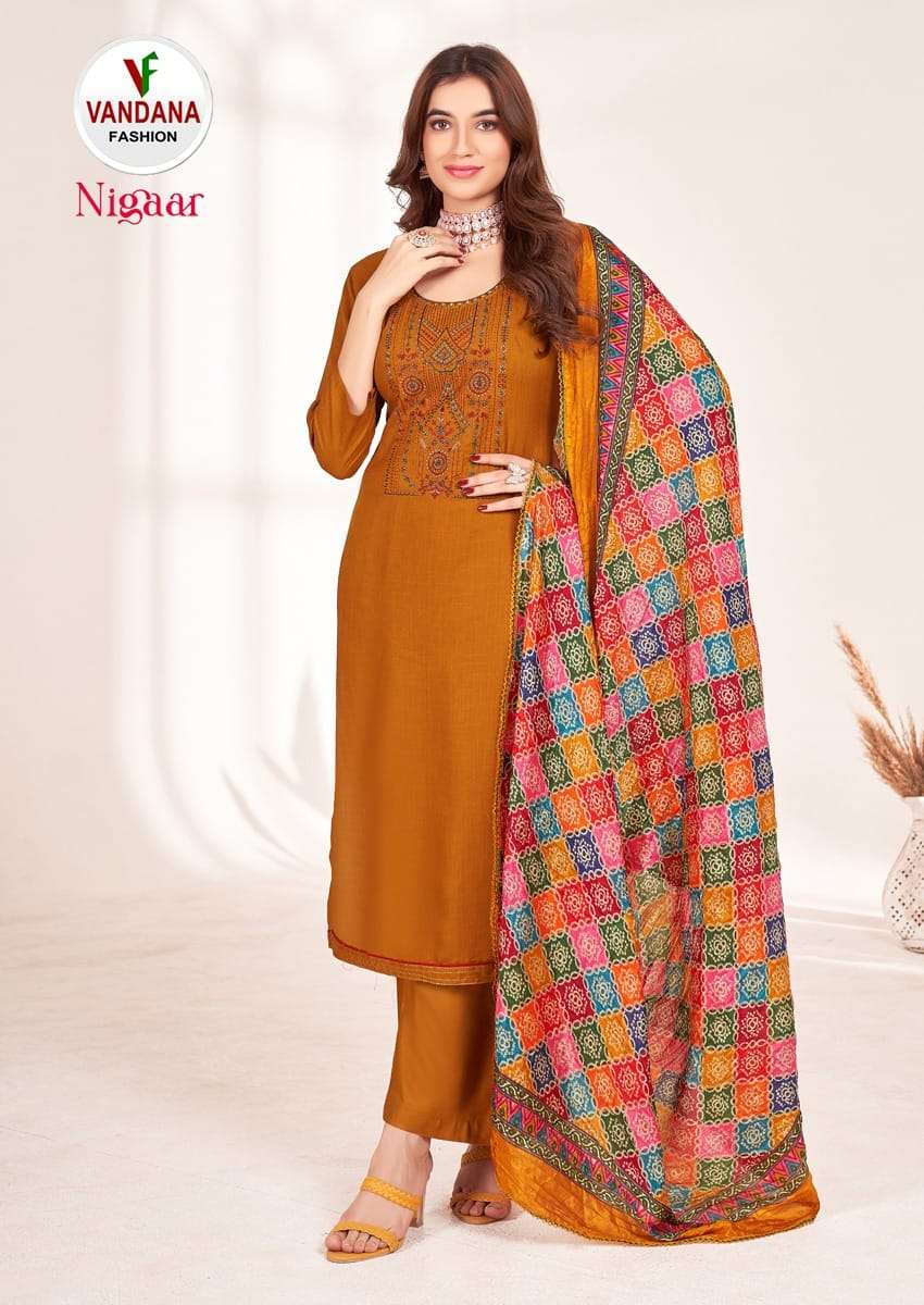vandana fashion nigaar vol-1 1001-1008 series latest straight cut salwar kameez wholesaler surat gujarat
