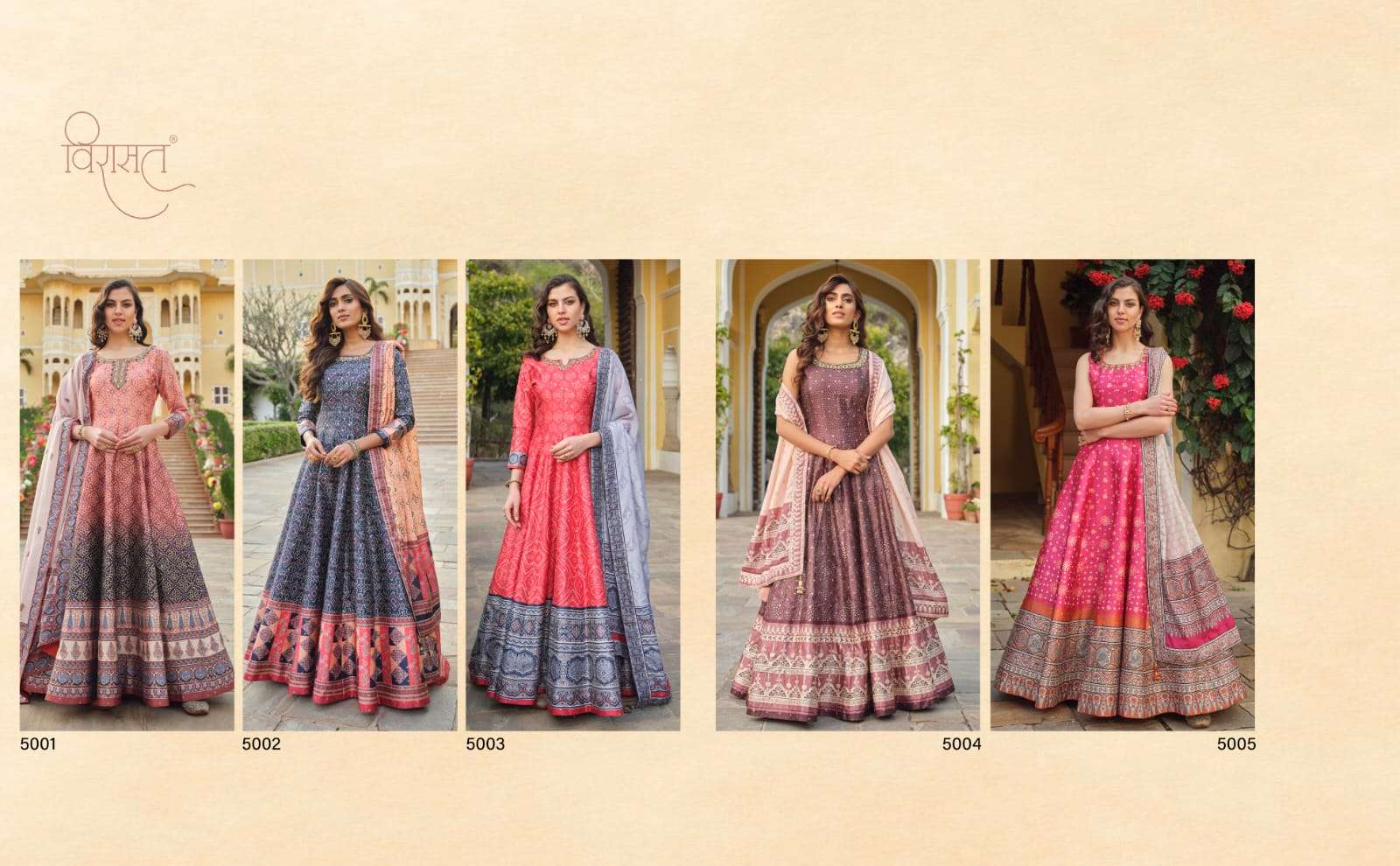 virasat ratrani 5001-5005 series latest designer readymade anarkali salwar kameez at wholesaler price surat
