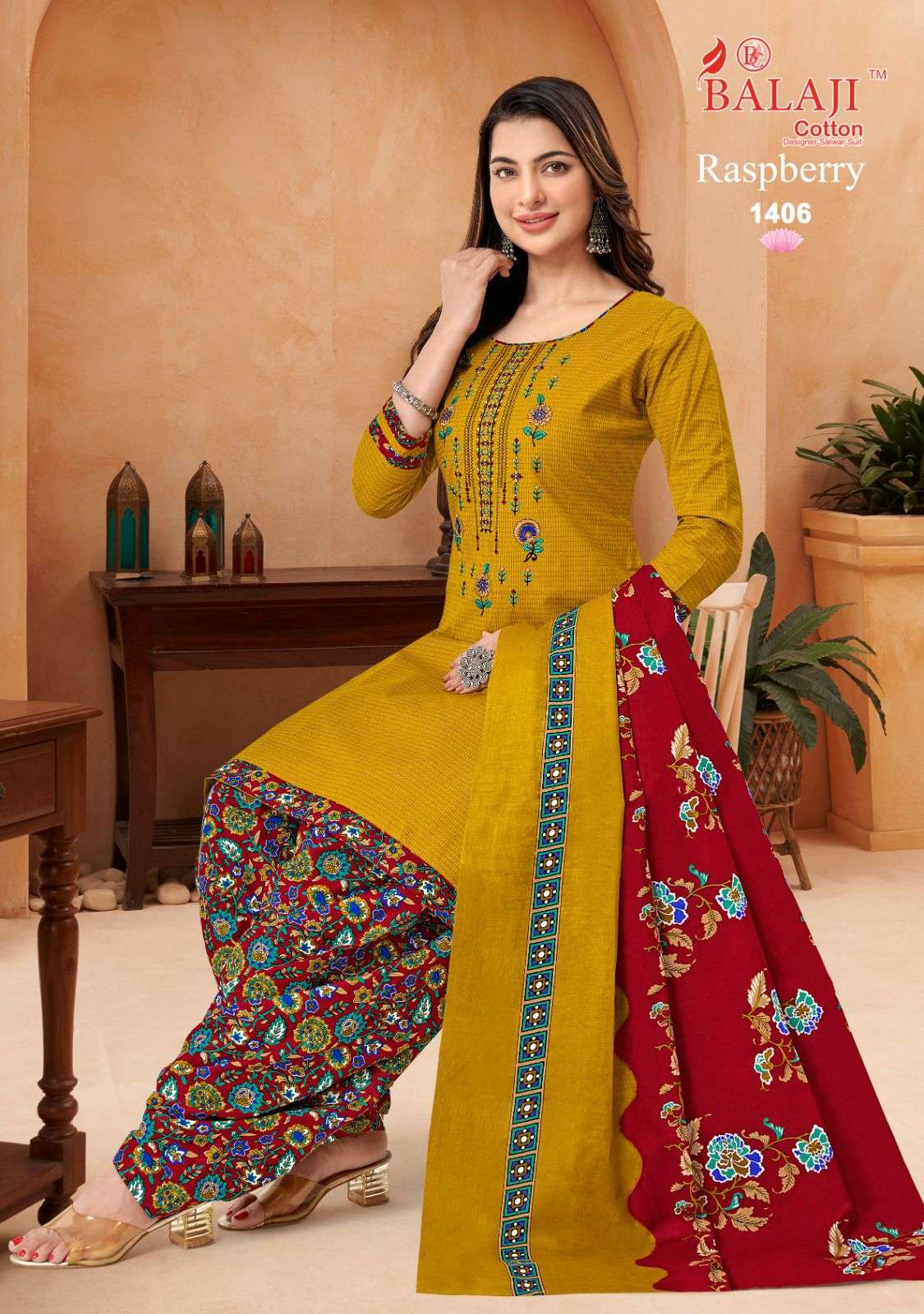 balaji cotton raspberry vol-14 1401-1412 series latest designer cotton salwar kameez wholesaler surat gujarat