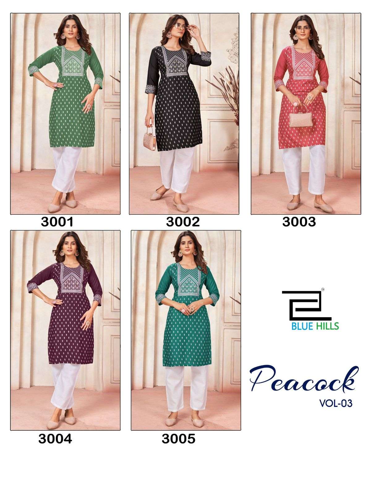 bluehills peacock vol-3 3001-3005 series designer latest fancy kurti wholesaler surat gujarat