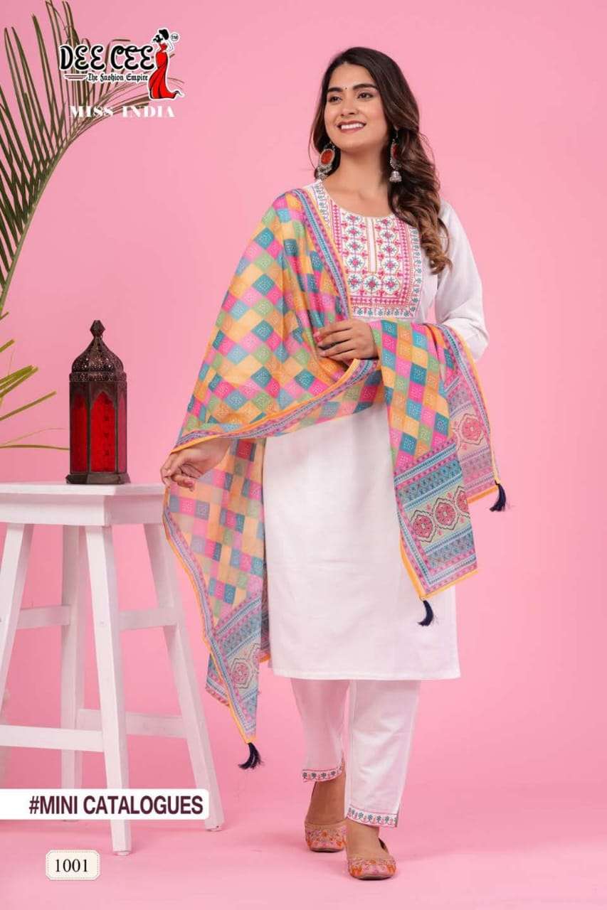 deecee miss india 1001-1004 series designer latest kurti pant dupatta set wholesaler surat gujarat