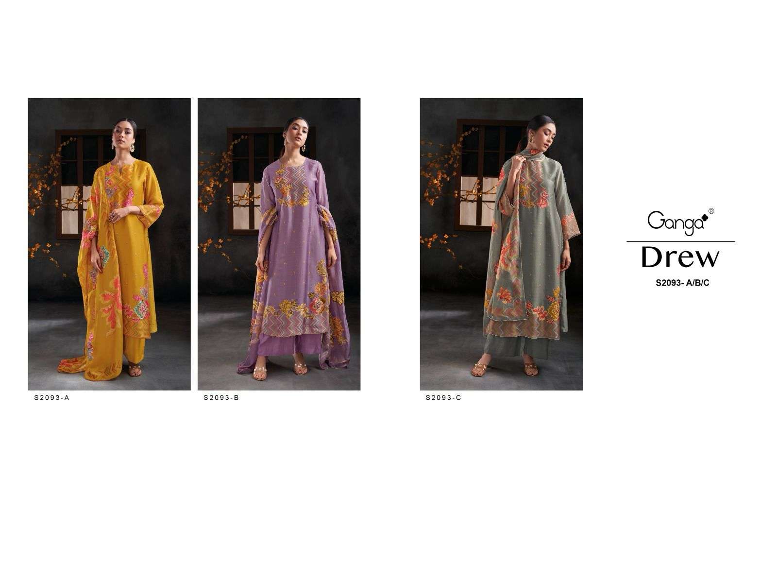 Ganga Presents Drew S2093 Colours Silk Organza Embroidery work Salwar Suits Collection At wholesale Price