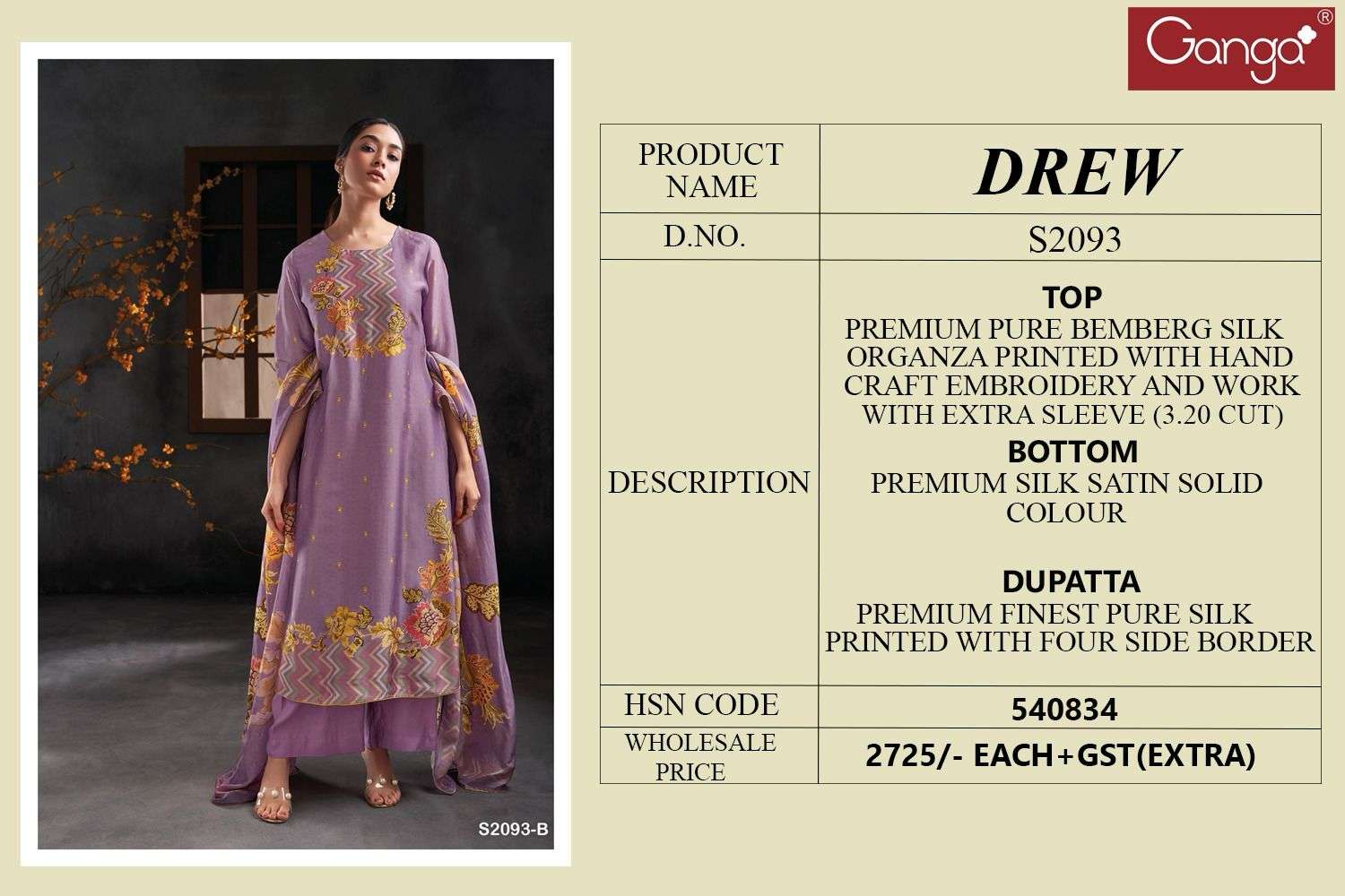 Ganga Presents Drew S2093 Colours Silk Organza Embroidery work Salwar Suits Collection At wholesale Price