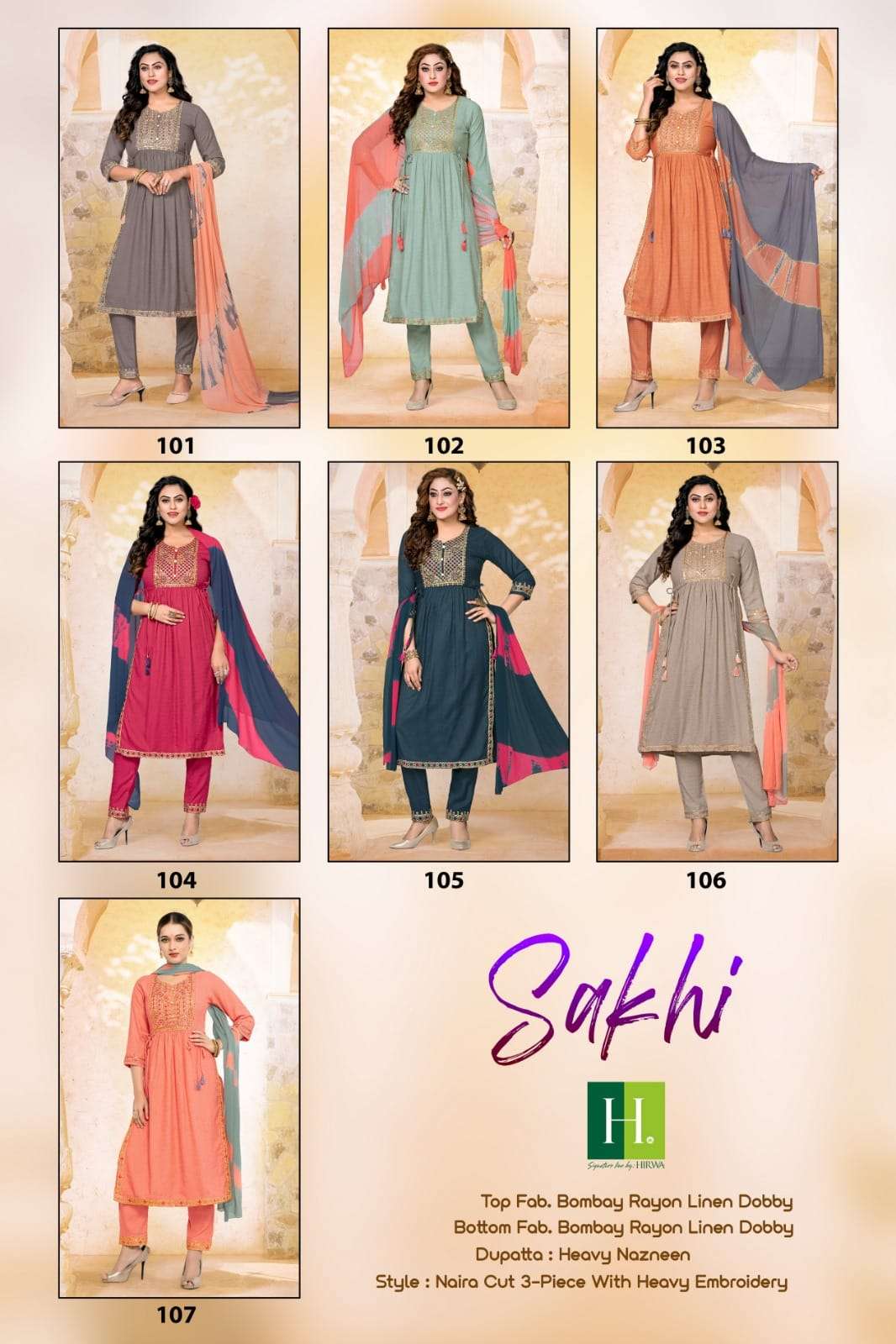 hirwa sakhi 101-107 series designer nayra cut kurti set wholesaler surat