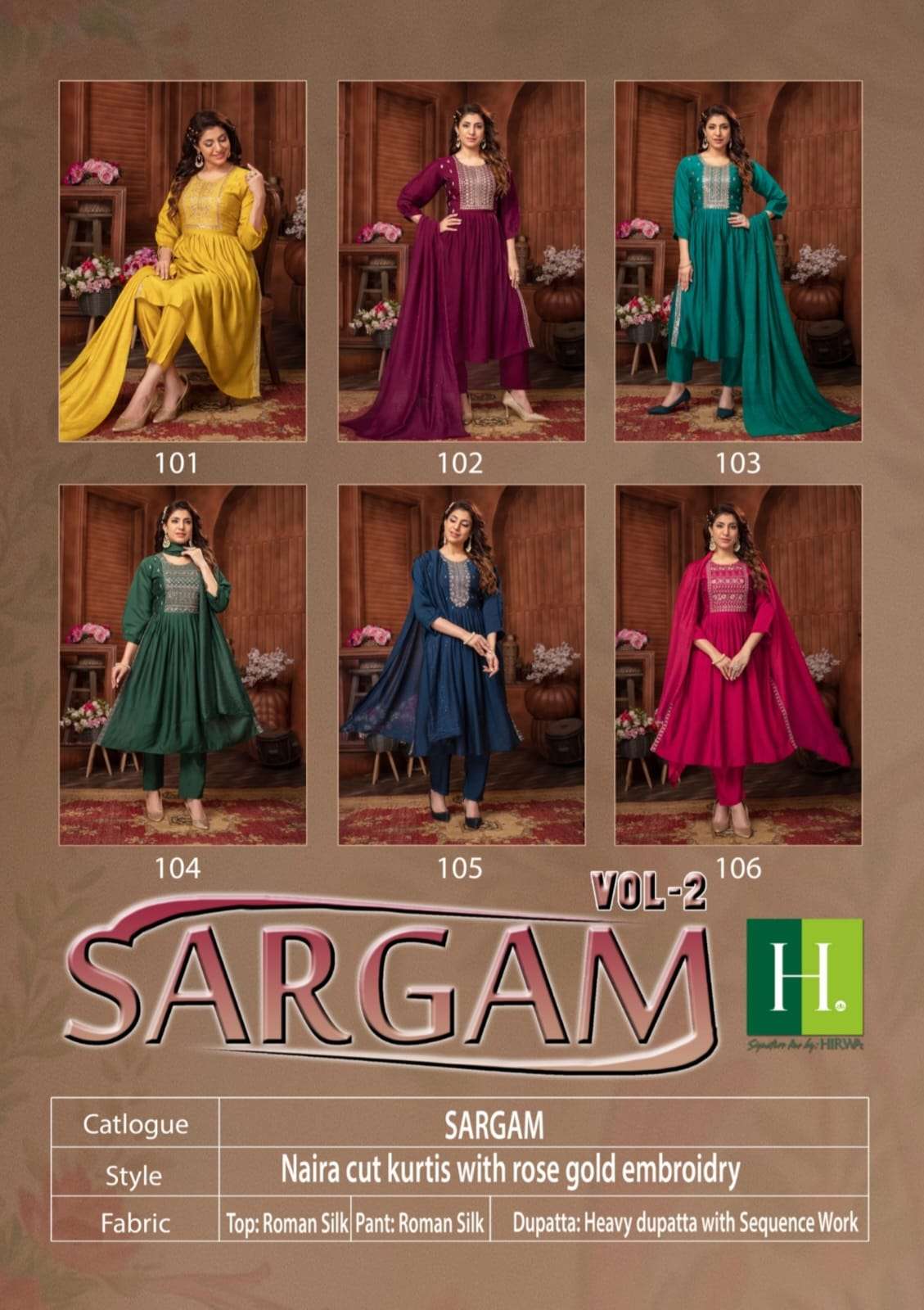 hirwa sargam 101-106 series latest nayra cut kurti set at wholesaler rate india surat gujarat