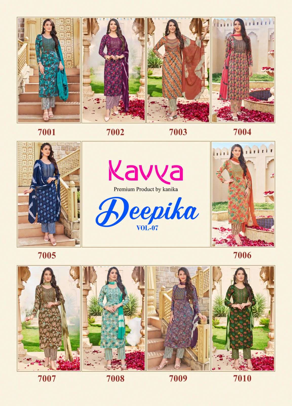 kavya deepika vol-7 7001-7010 series latest fancy traditional kurti with  pant and dupatta set