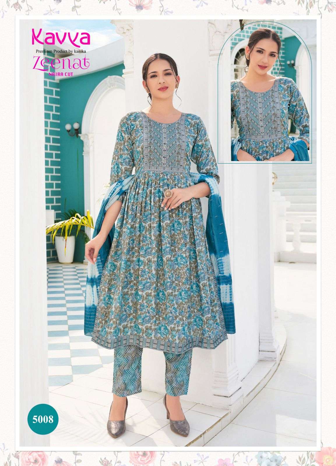 kavya zeenat vol-5 5001-5010 series latest designer nayra cut kurti set wholesaler surat gujarat