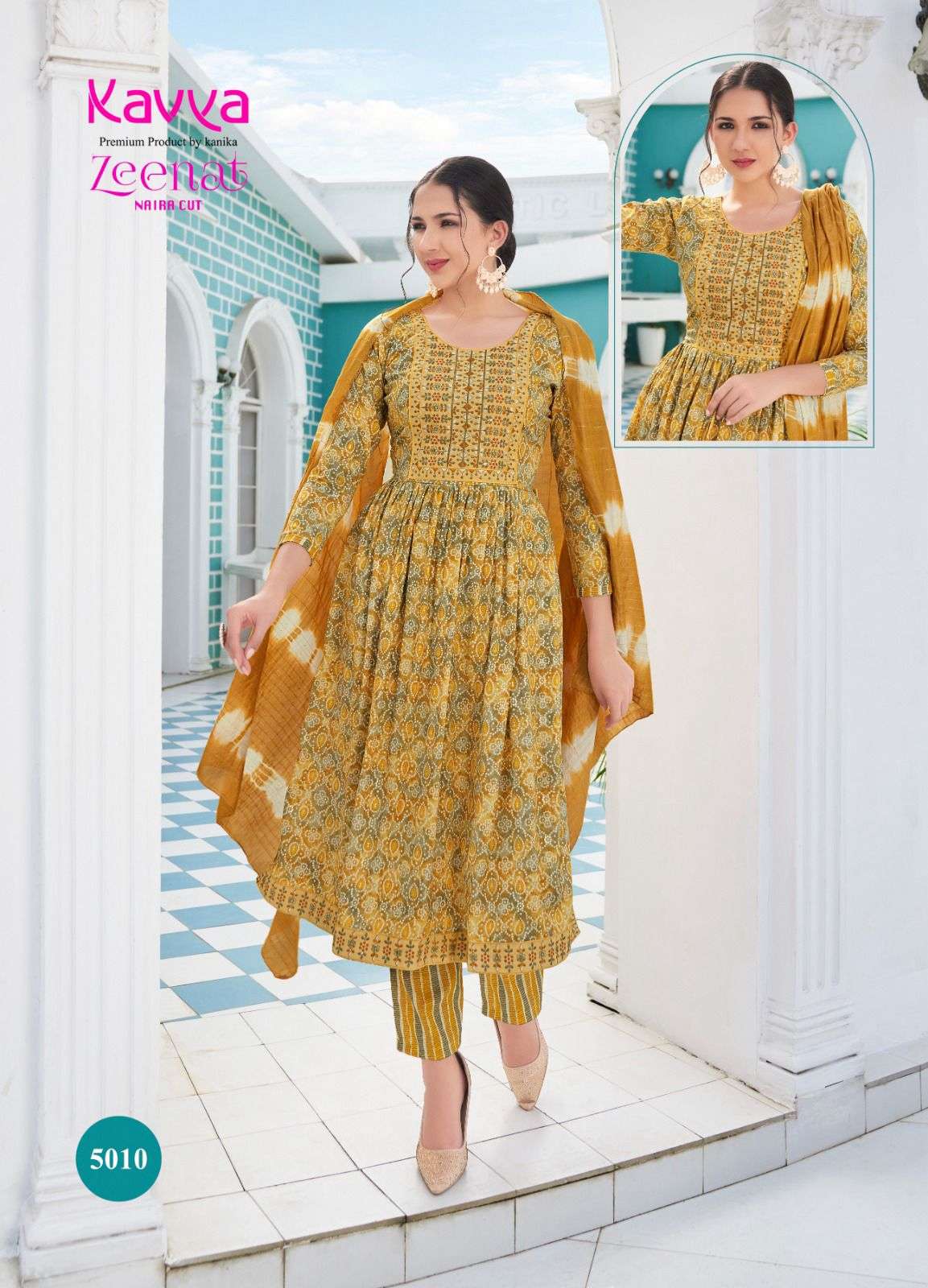 kavya zeenat vol-5 5001-5010 series latest designer nayra cut kurti set wholesaler surat gujarat
