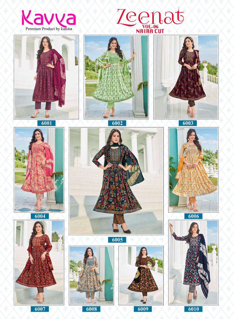 kavya zeenat vol-6 6001-6010 series latest designer nayra cut kurti set at wholesaler price surat gujarat