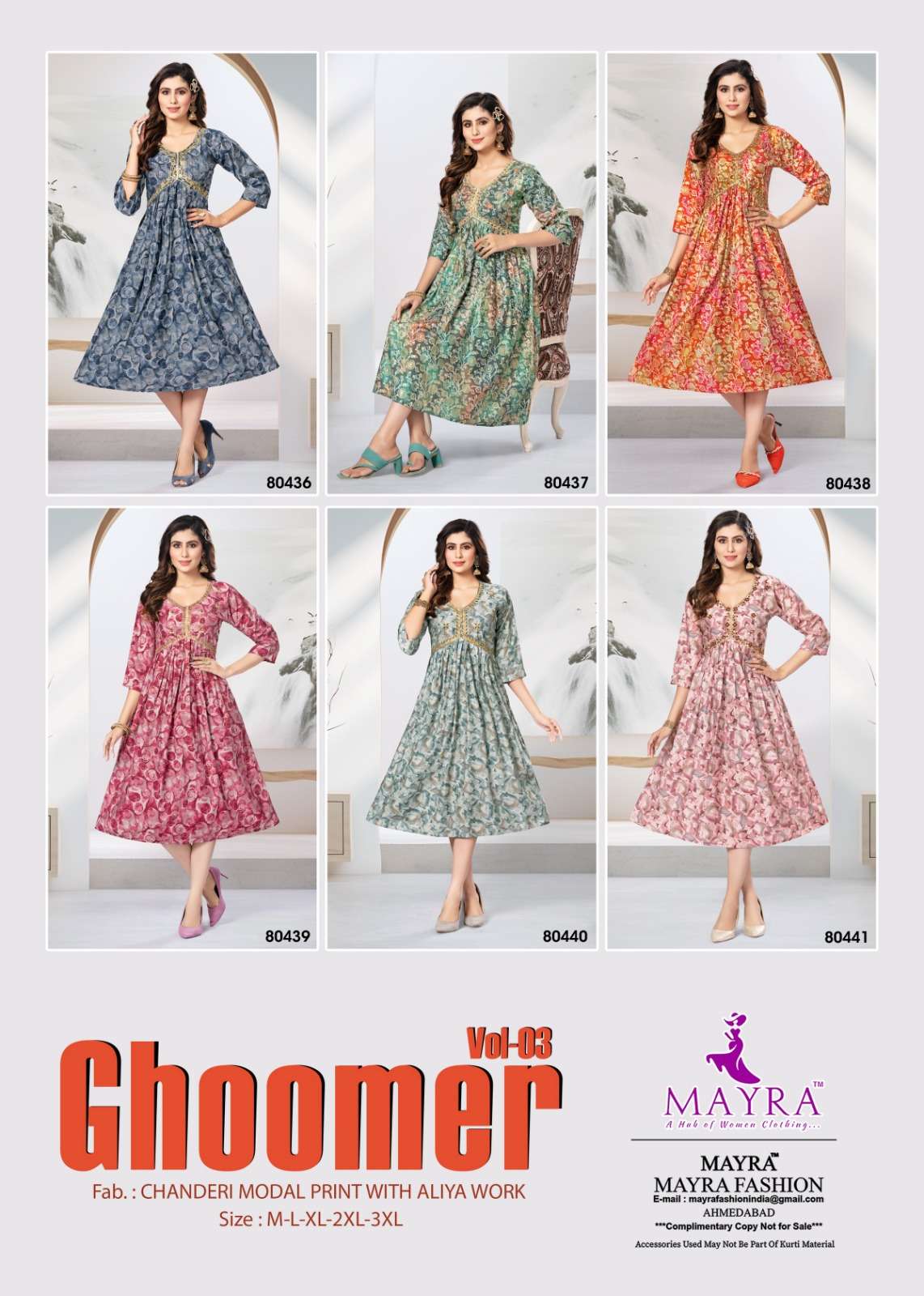 mayra ghoomer vol-3 80436-80441 series designer latest short kurti wholesaler surat gujarat