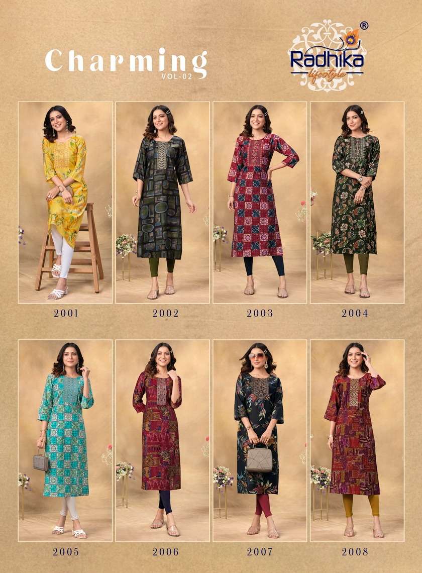 radhika lifestyle charming vol-2 2001-2008 series designer trending kurti set wholesaler surat gujarat