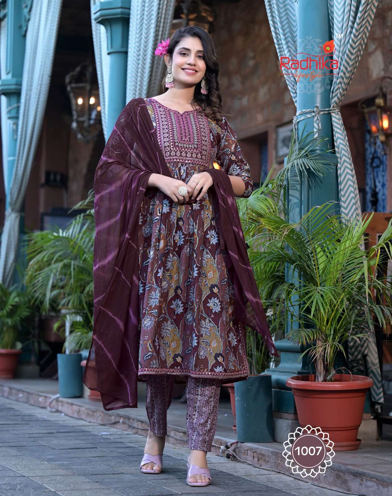 Radhika lifestyle resham vol-1 1001 to 1008 series rayon printed kurtis pant with dupatta set at wholesale price