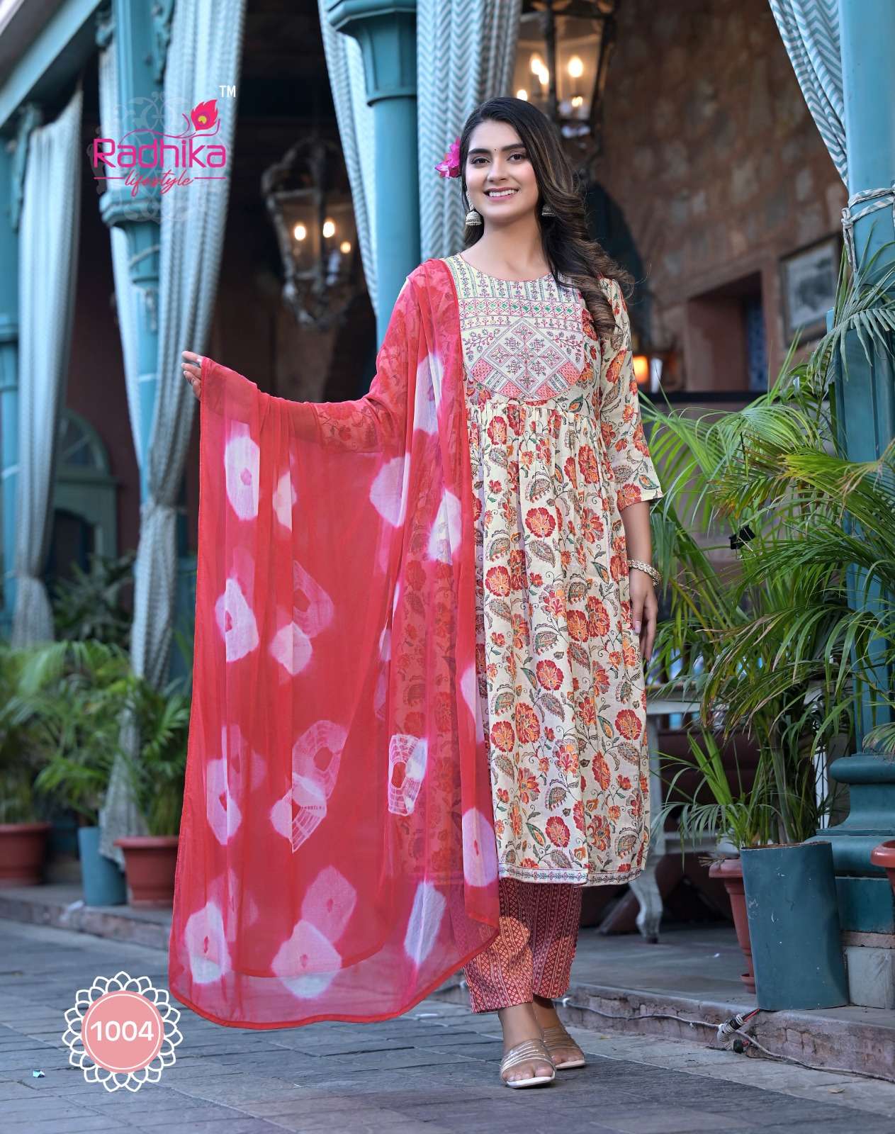 Radhika lifestyle resham vol-1 1001 to 1008 series rayon printed kurtis pant with dupatta set at wholesale price