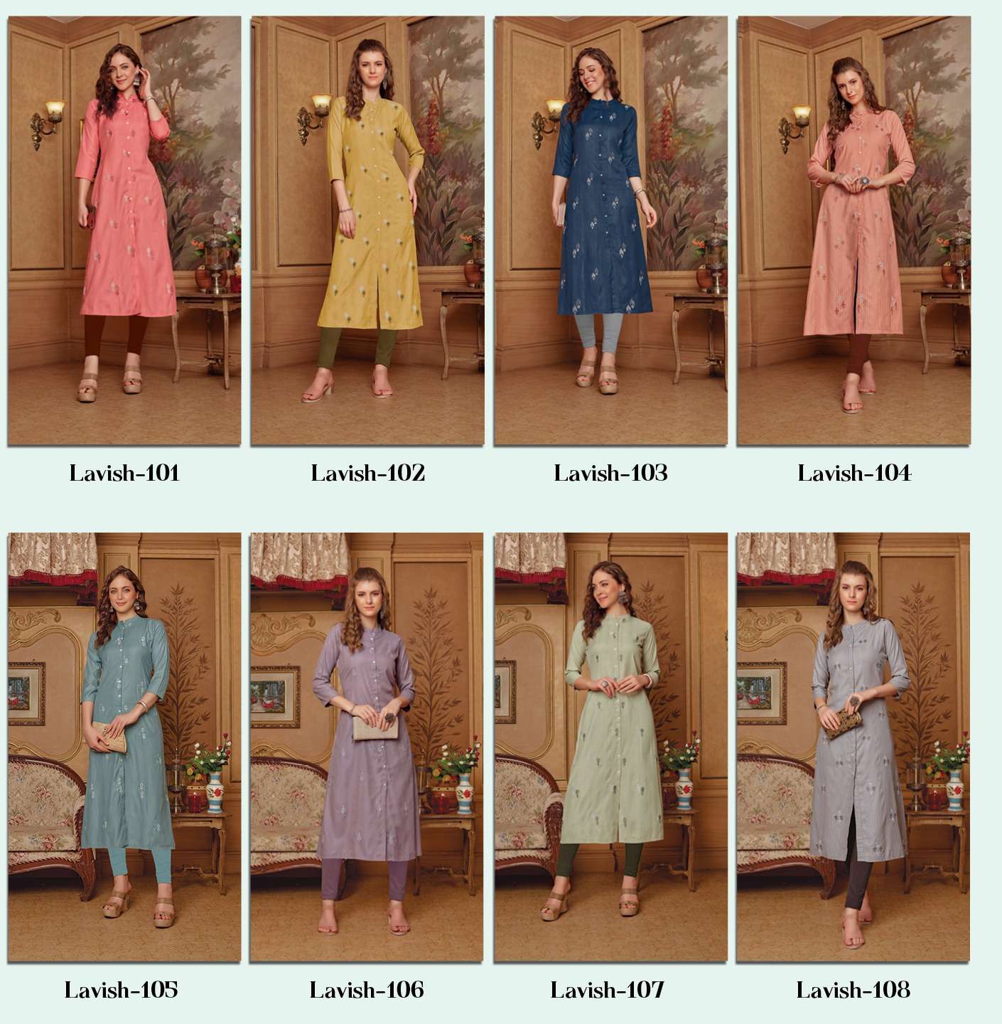 rangjyot lavish 101-108 series designer fancy kurti top set wholesaler surat gujarat