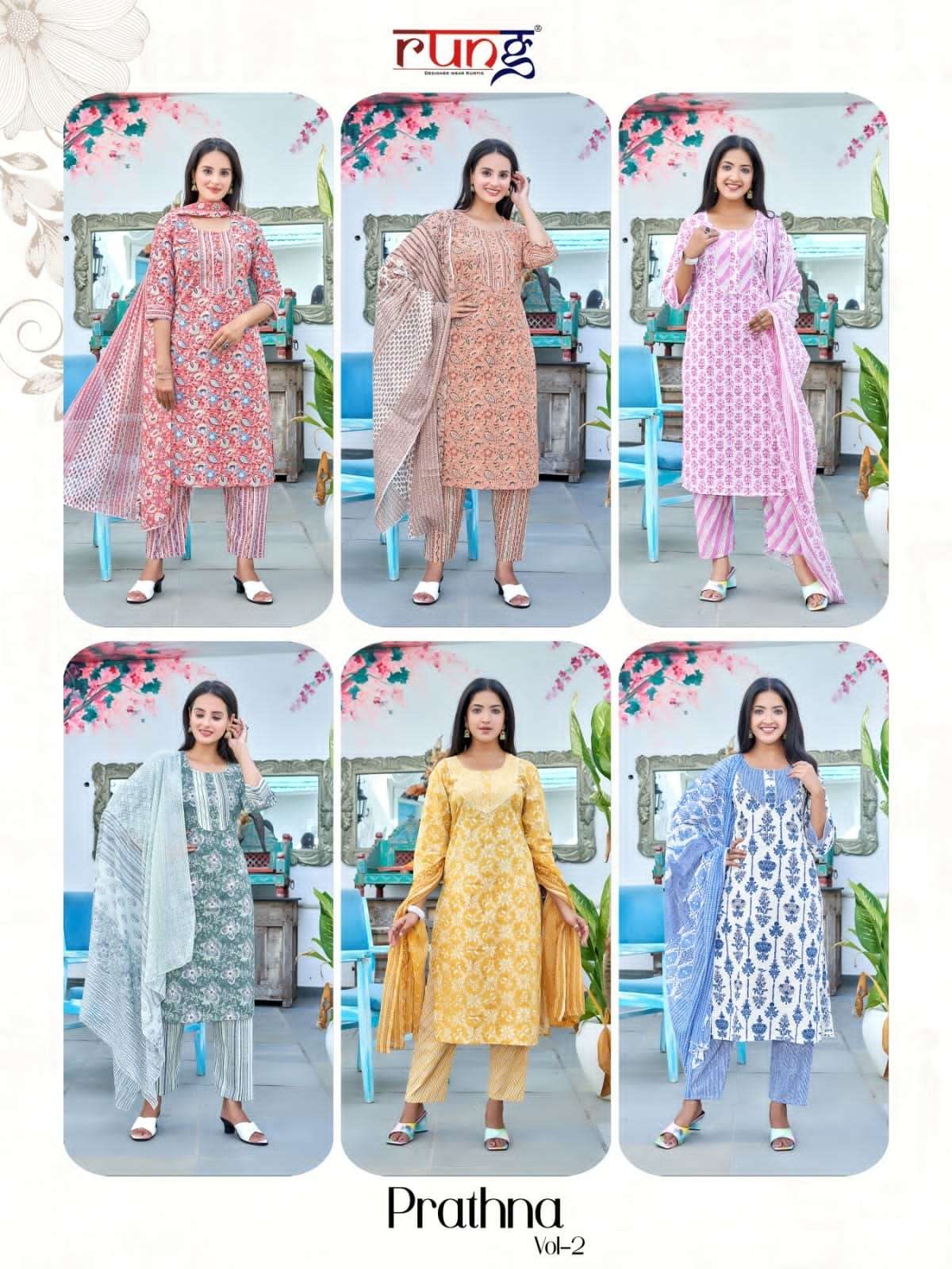 Rung prathna vol-2 1001 to 1006 series cotton printed kurtis pant with dupatta set at wholesale price