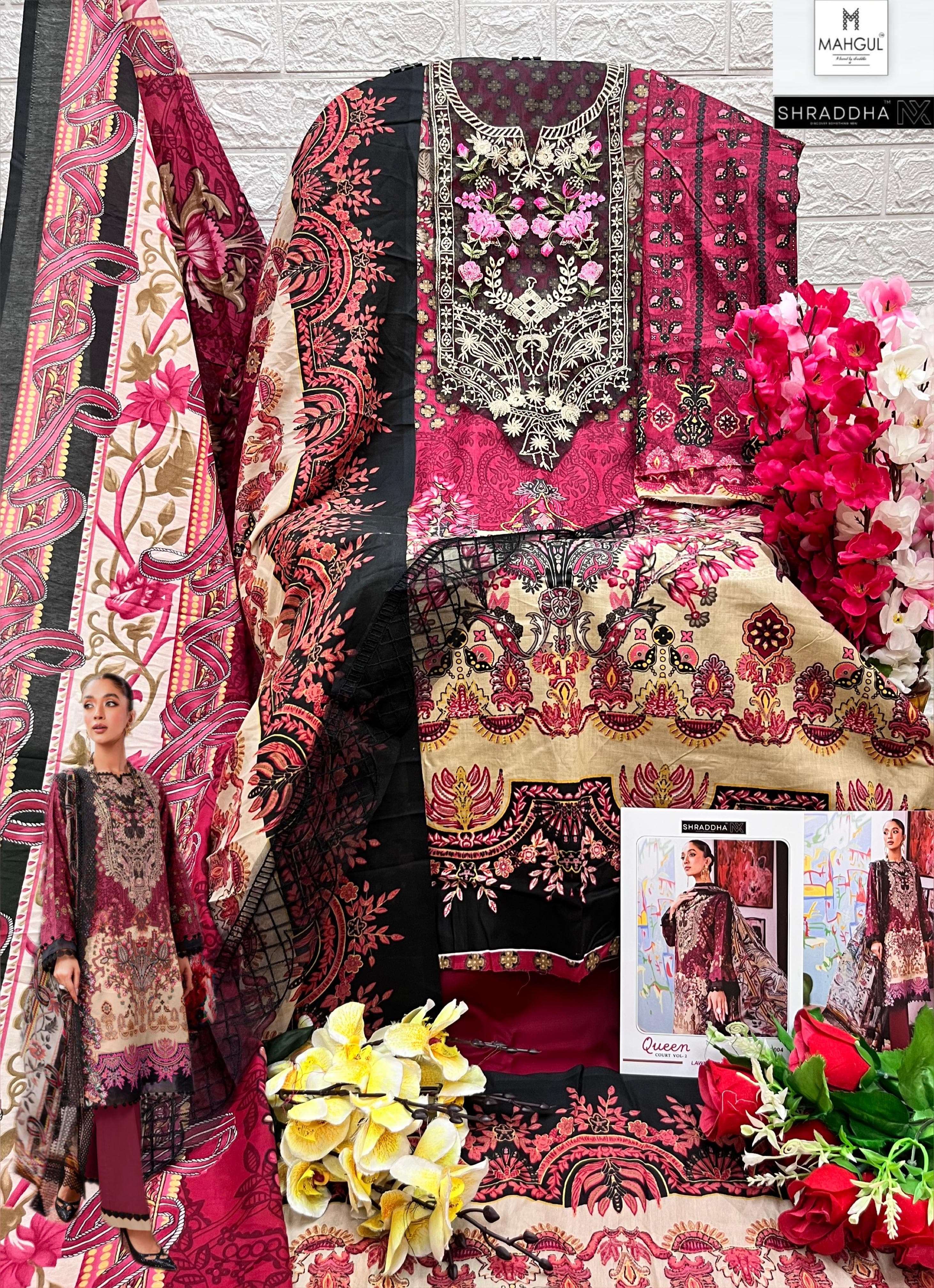 shraddha designer queen court vol-2 2001-2004 series latest chiffon dupatta pakistani cotton salwar kameez wholesaler surat india gujarat