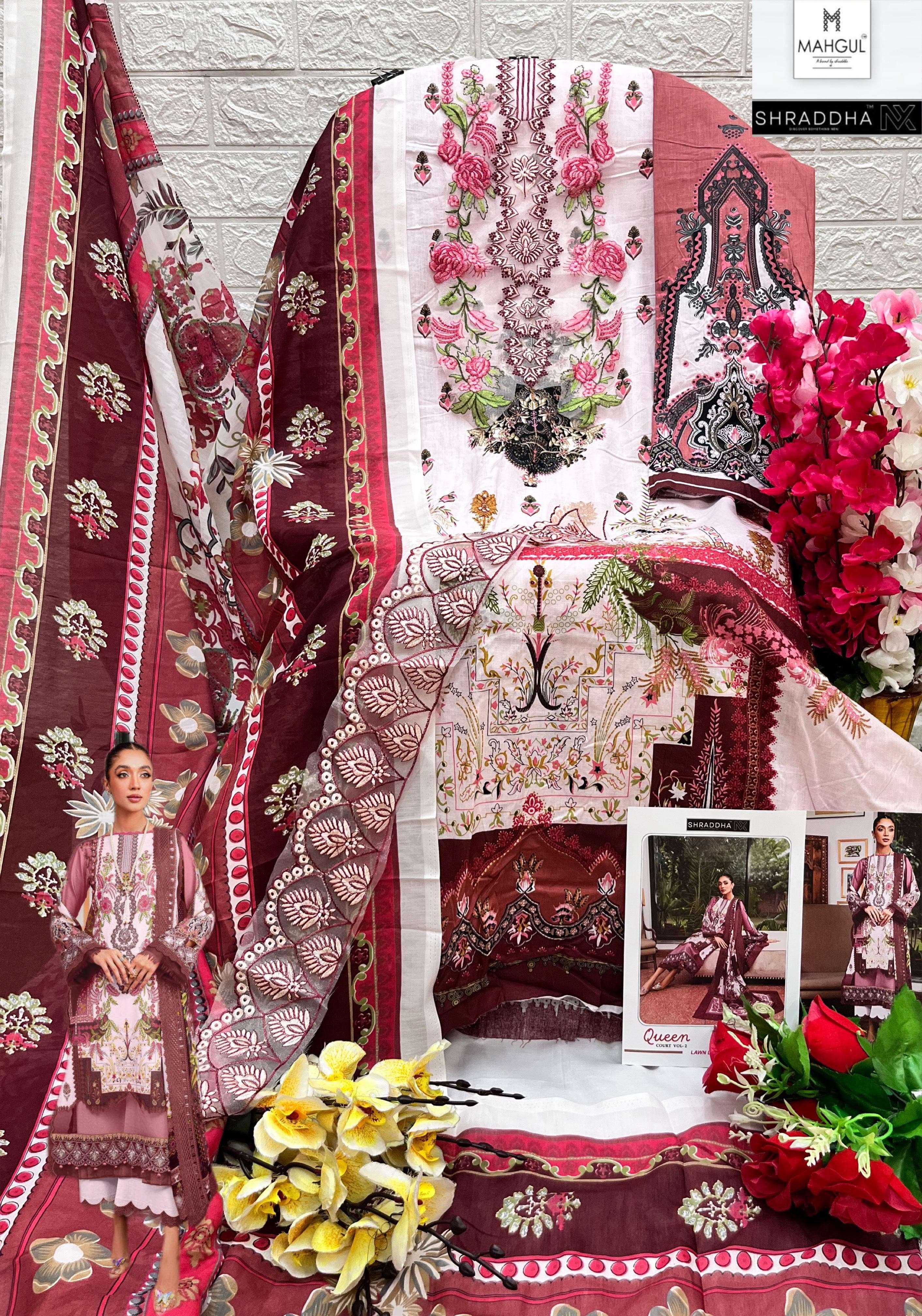 shraddha designer queen court vol-2 2001-2004 series latest chiffon dupatta pakistani cotton salwar kameez wholesaler surat india gujarat
