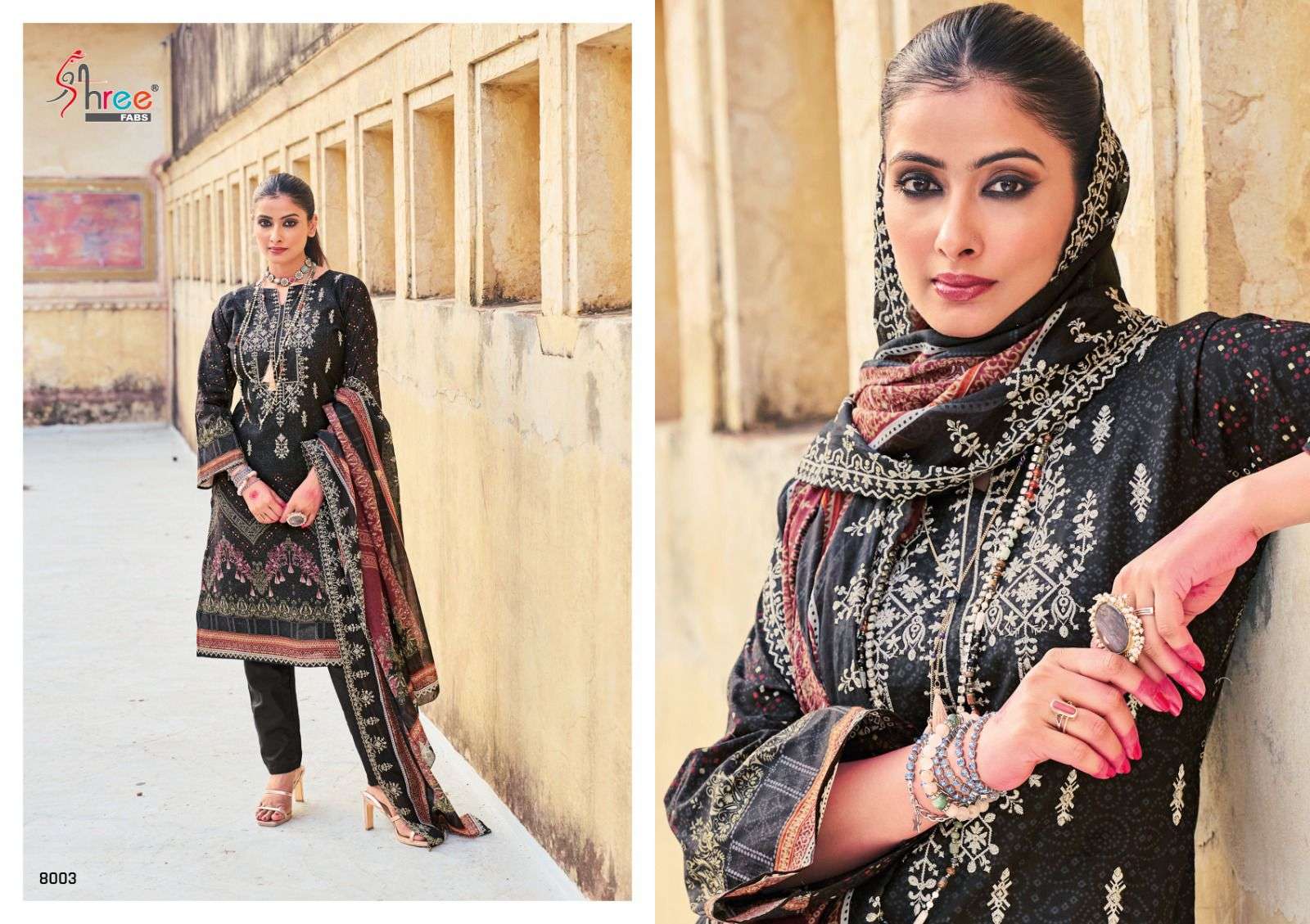 shree fabs bin saeed lawn vol-8 8001-8003 series designer wedding wear pakistani suit wholesaler surat gujarat