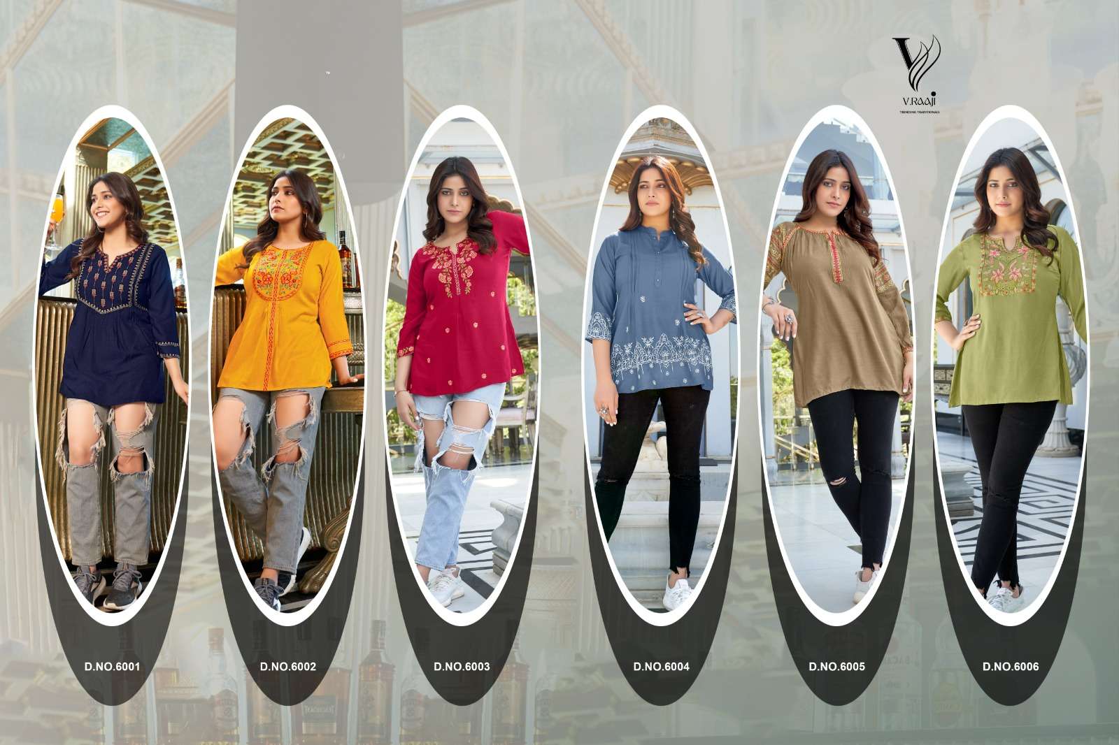 v. raaji topsy 6001-6006 series latest western daily wear short top kurti wholesaler surat gujarat