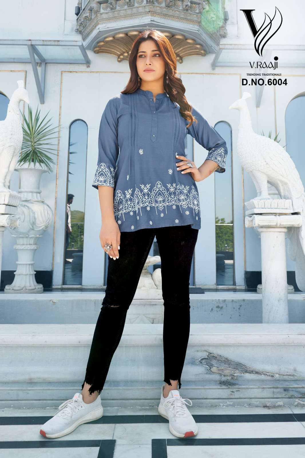 v. raaji topsy 6001-6006 series latest western daily wear short top kurti wholesaler surat gujarat