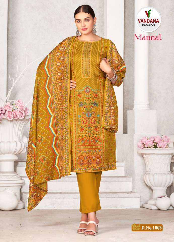 vandana fashion mannat 1001-1008 series latest straight cut salwar kameez wholesaler surat gujarat