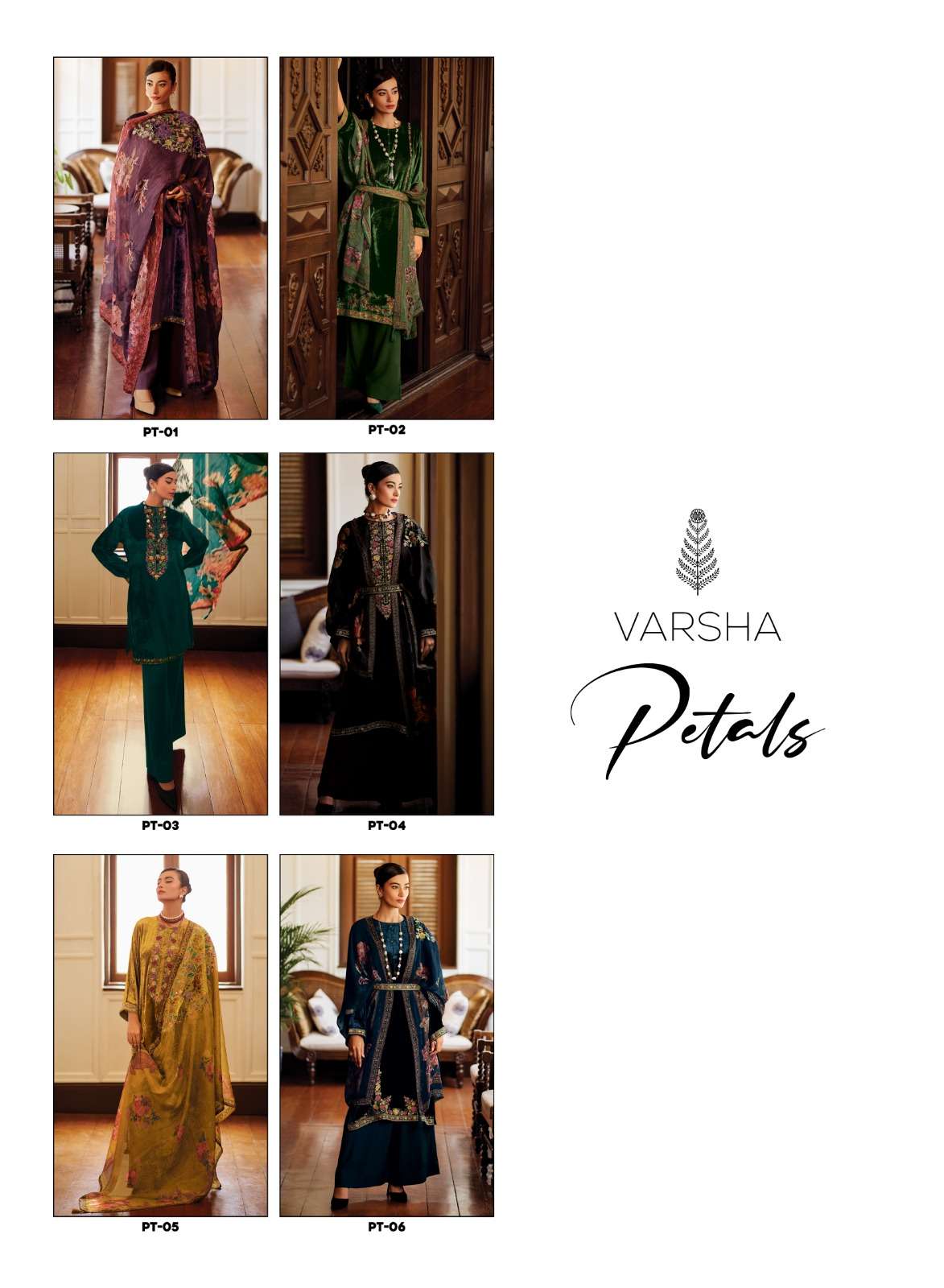 Varsha fashion petals 01-06 series velvet embroidery work salwar suits winter collection wholesale rates