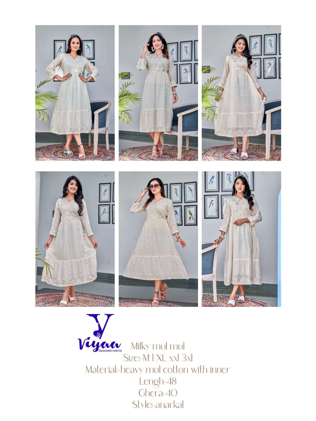 Viyaa designer milky mul-mul 01-06 series cotton designer anarkali kurtis collection wholesale price