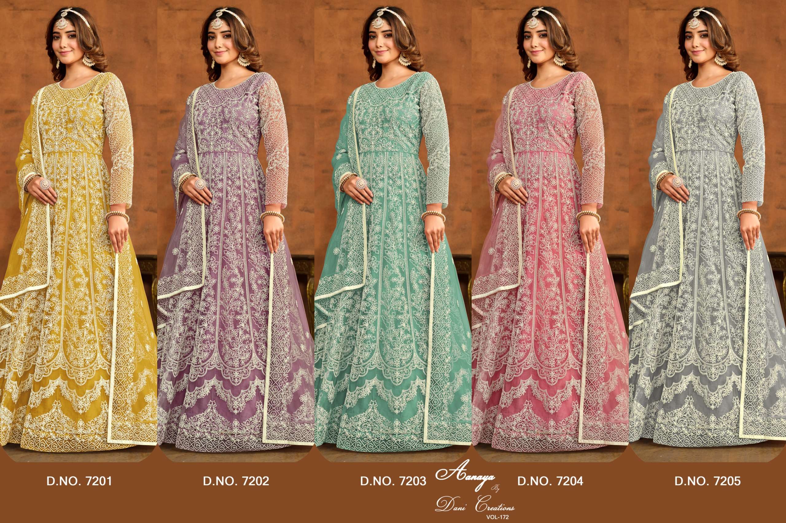 aanaya vol-172 7201-7205 series designer anarkali wedding suit wholesaler surat gujarat