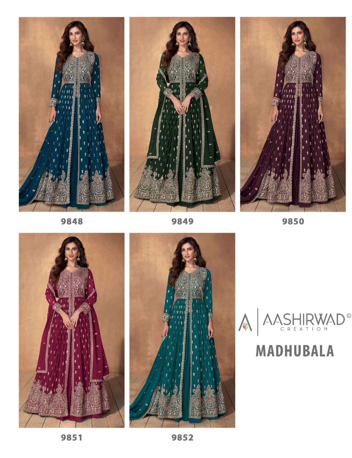 aashirwad creation madhubala 9848-9852 series latest designer anarkali salwar kameez wholesaler surat gujarat
